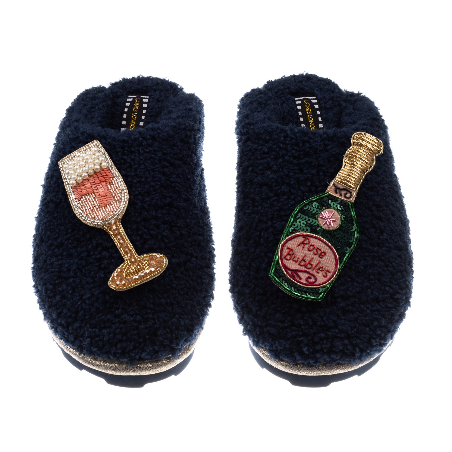 Laines London Women's Blue Teddy Closed Toe Slippers With Pink Champagne & Glass Brooches - Navy In Blue