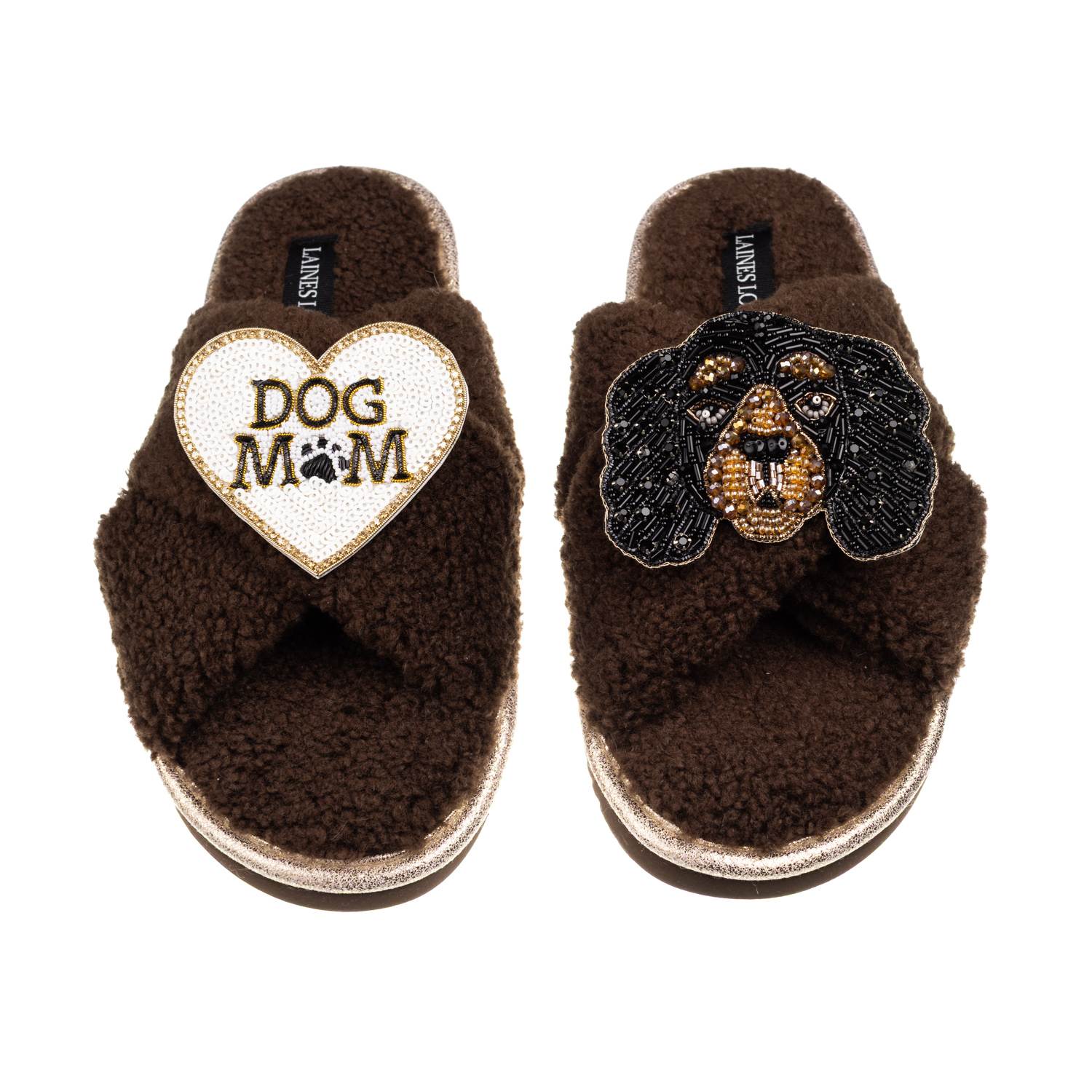 Laines London Women's Brown / Neutrals Laines Neutral Boucle Slippers With Louie King Charles & Dog Mum/mom Brooch