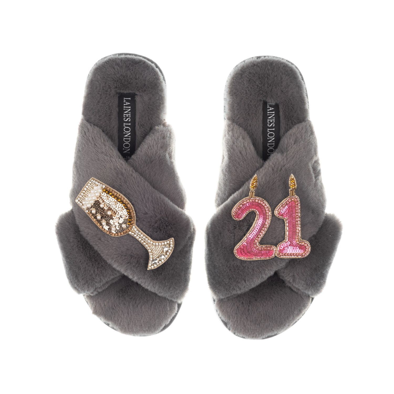 Laines London Women's Classic Laines Slippers With 21st Birthday & Champagne Glass Brooches - Grey In Grey