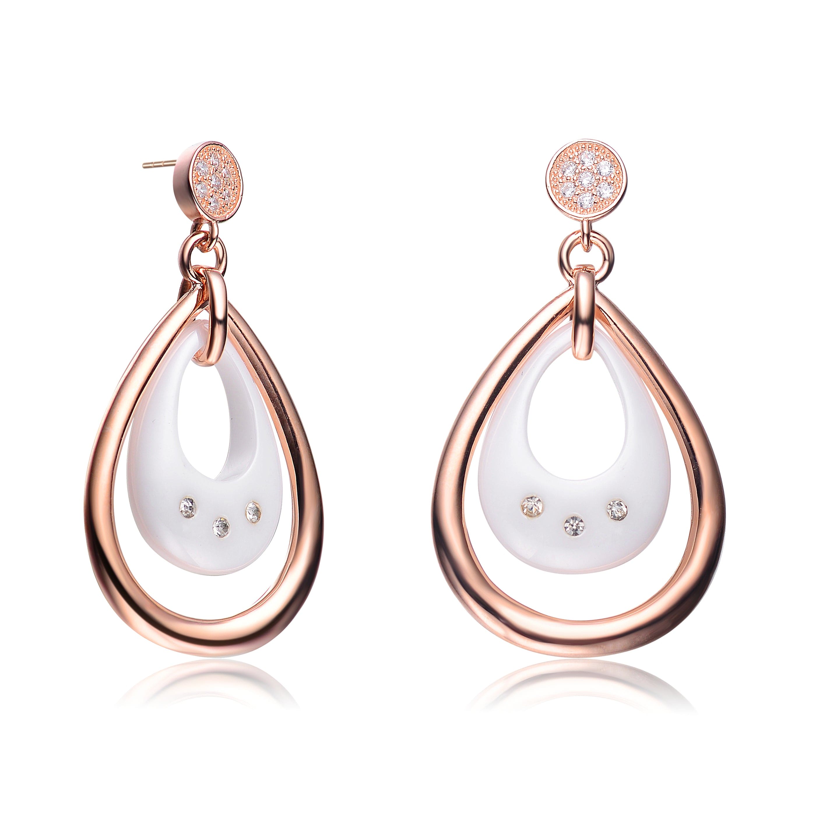 Genevive Jewelry Women's Rose Gold White Ceramic Tear Shape Rose Plated Drop Earrings