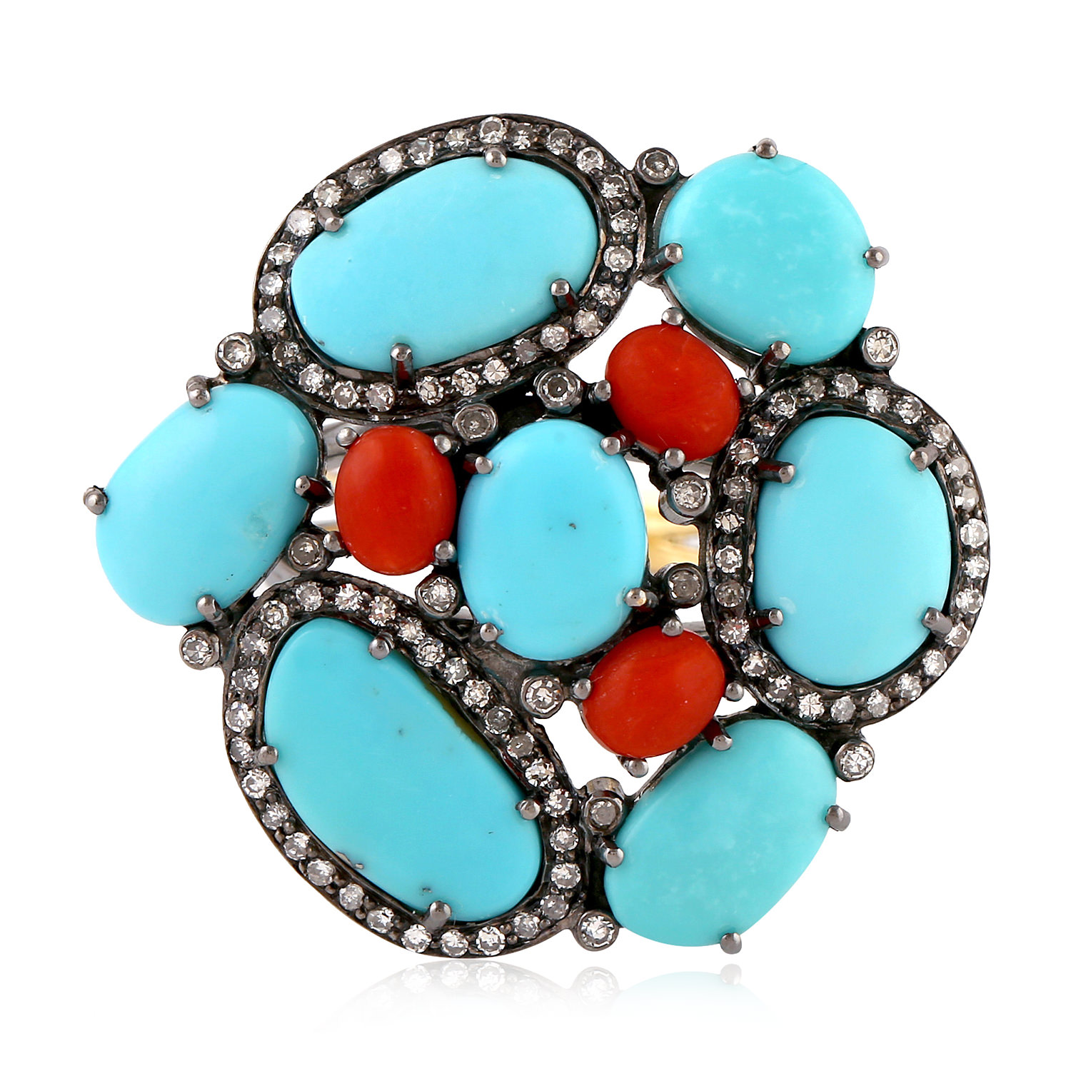 Women’s Gold / Blue Oval Cut Turquoise & Coral With Prong Diamond In 18K Gold 925 Silver Cocktail Ring Artisan