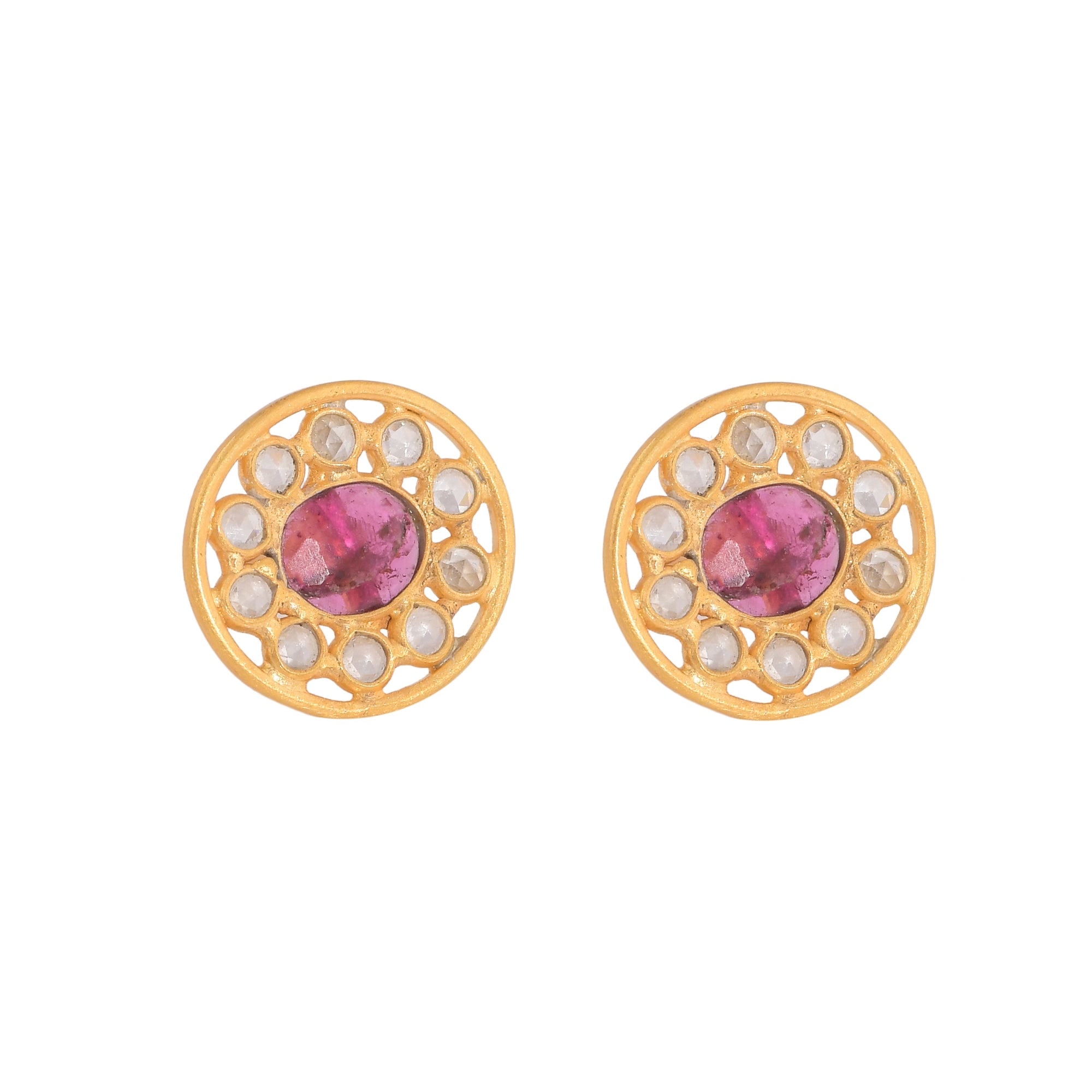 Opium Jewels Women's Gold / Pink / Purple Crystal & Dark Pink Tourmaline Studs