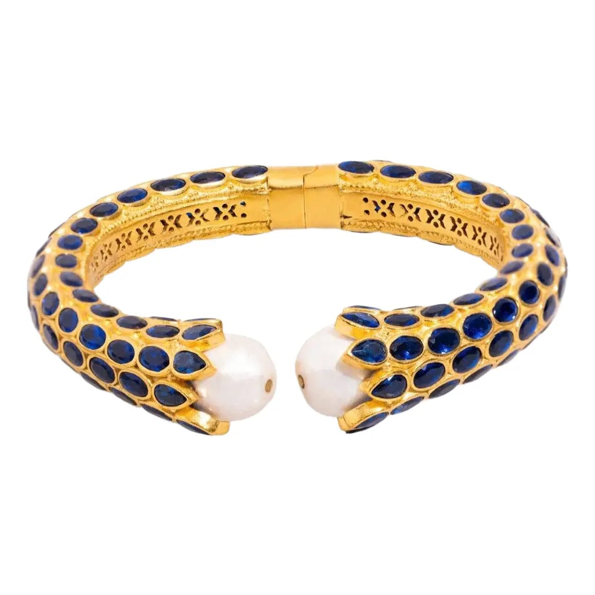 Ebru Jewelry Women's Blue / White / Gold Cleopatra Sapphire & Pearl Gold Chunky Cuff Bracelet - Gold In Gold