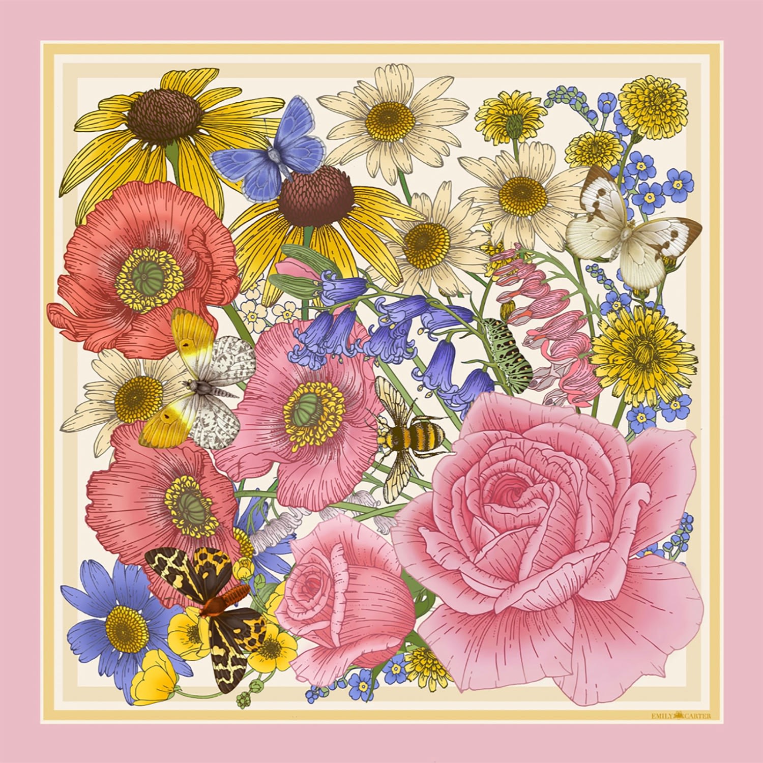 Emily Carter Women's Neutrals / Red The Rose & Bluebell Silk Scarf - L