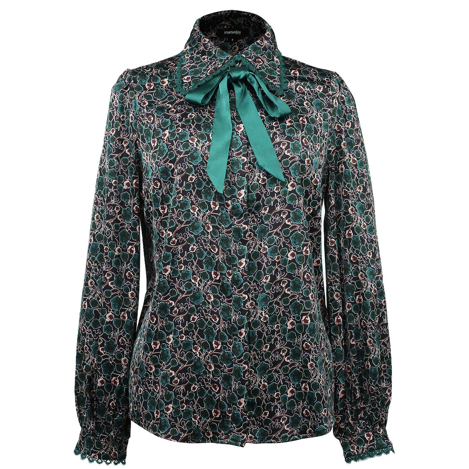 Smart And Joy Women's Ascot Tie Print Shirt - Green In Multi