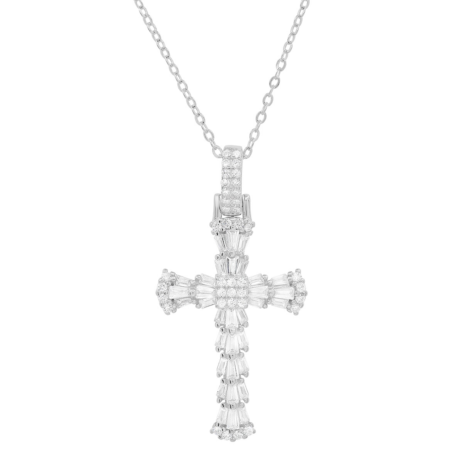 Kylie Harper Women's Luxurious Baguette-cut Diamond Cz Cross Pendant Necklace In Sterling Silver In Metallic