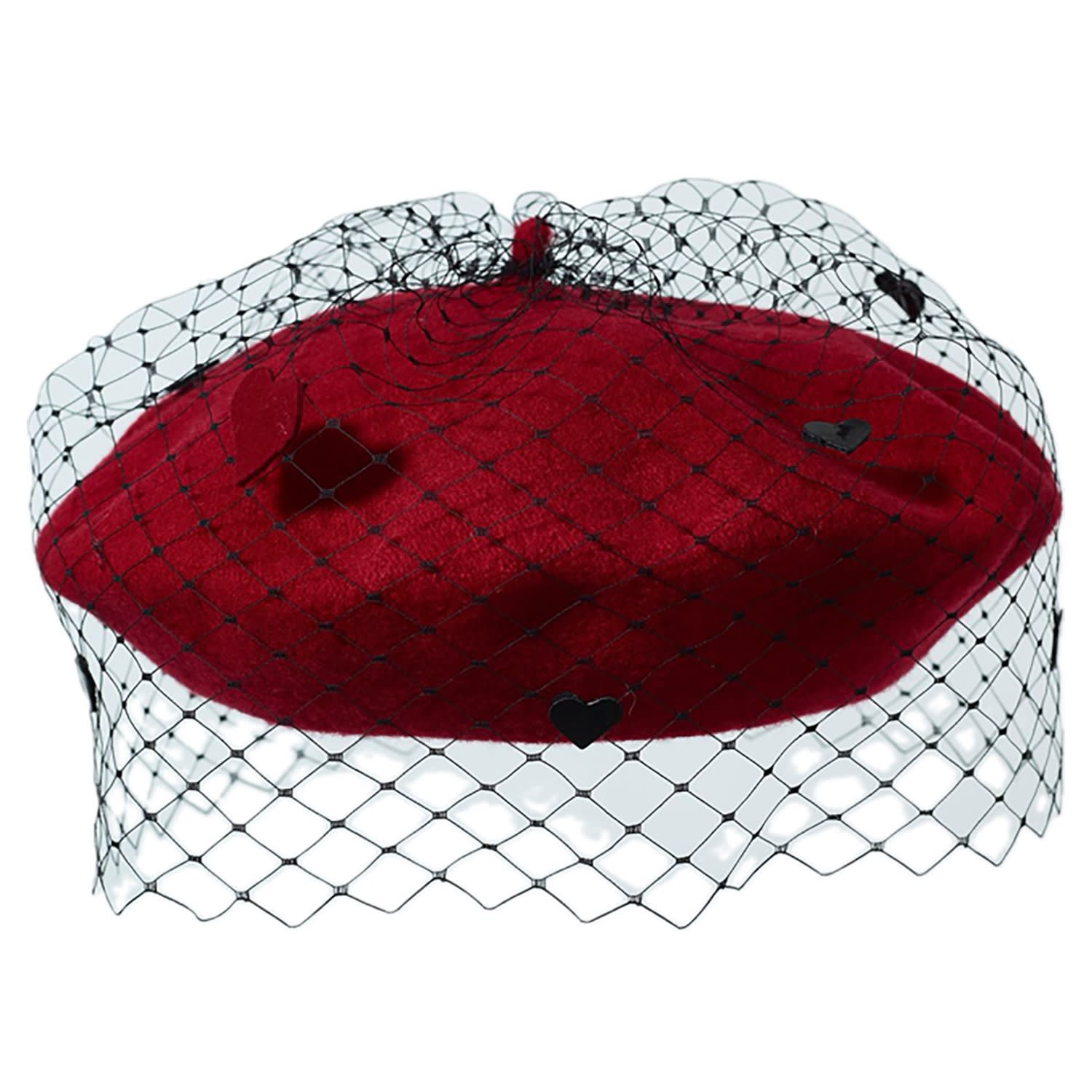 Misa Harada Millinery Women's Floe Heart Veiled Beret In Red Wool Knit In Red