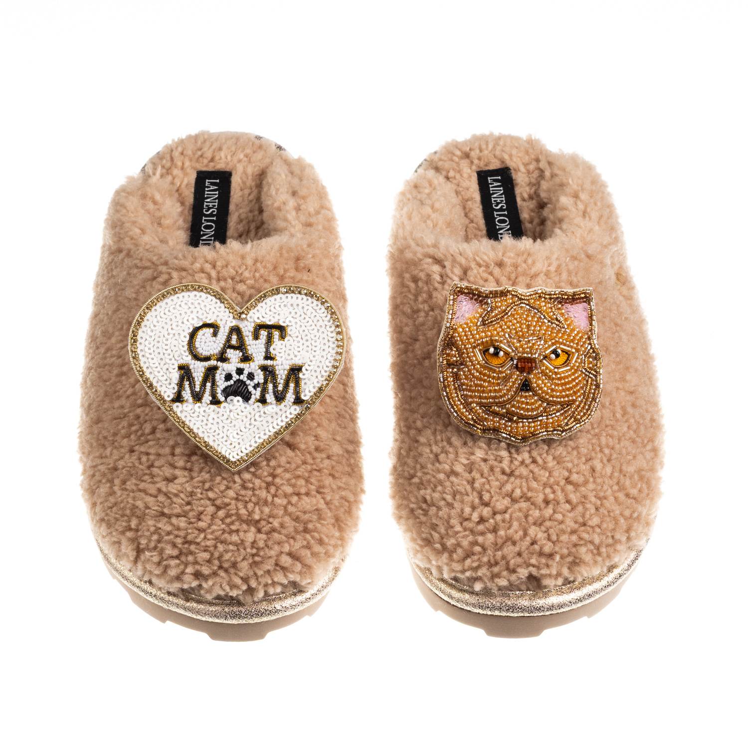 Laines London Women's Brown / Neutrals Teddy Closed Toe Slippers With Cat Mum/mom & Ginger Persian Cat Brooches -  In Brown