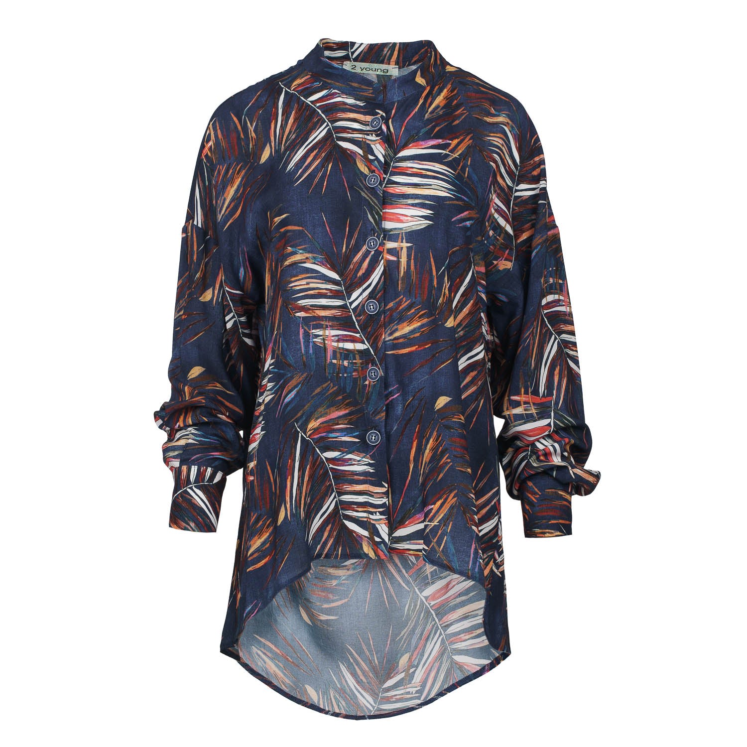 Women’s Blue Leaf Print Blouse With Mandarin Collar Small Conquista