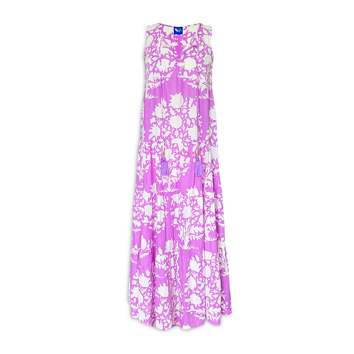 Women’s Pink / Purple Cotton Relax Maxi Tiered Dress Tree Of Life Lavender Handblock Cotton Large Pick Happy