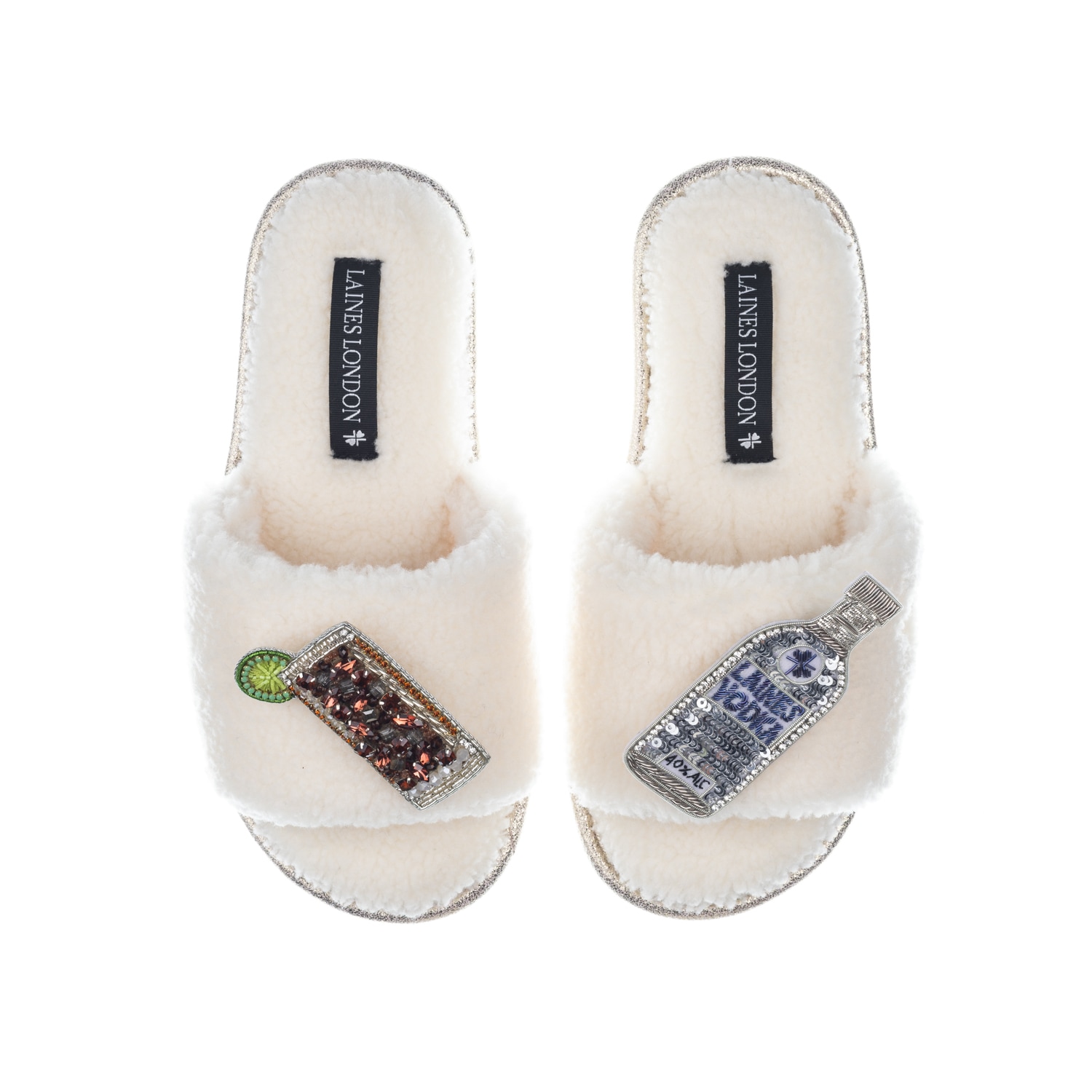 Laines London Women's White Teddy Toweling Slipper Sliders With Vodka & Coke Brooches - Cream In White
