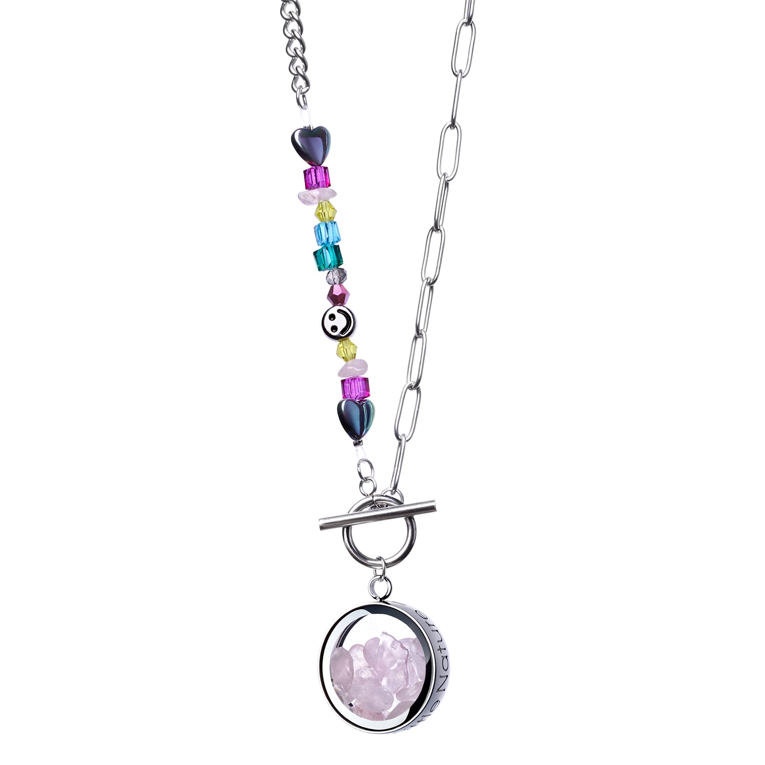 My Little Nature Women's Pink / Purple Rose Quartz Birthstone Necklace With Joyful Beaded Toggle Clasp Chain - Crysta