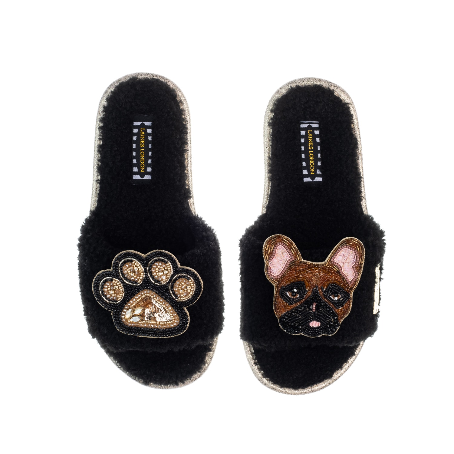 Women’s Teddy Toweling Slippers With Cookie The Frenchie & Paw Brooches - Black Medium Laines London