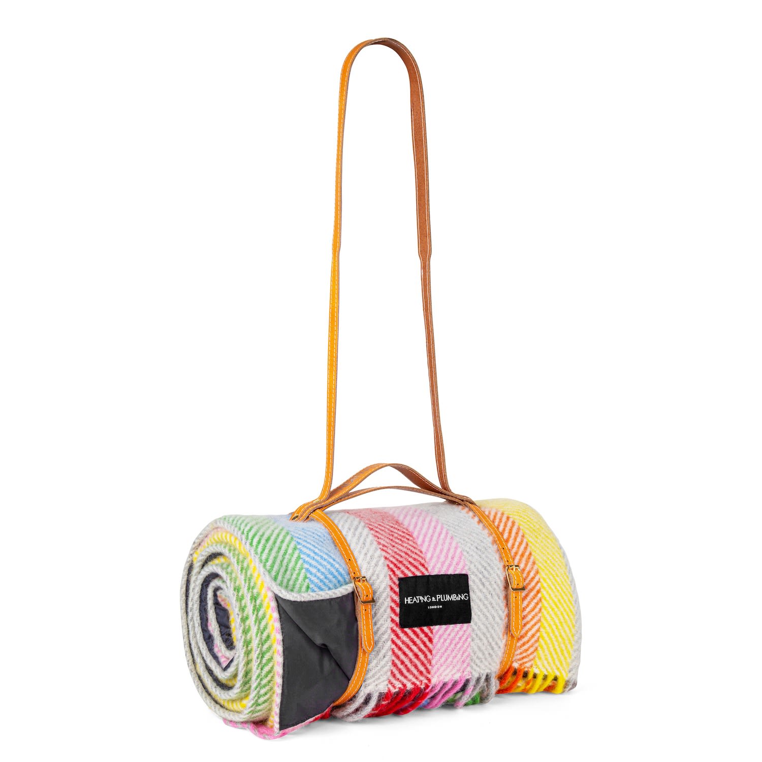 Heating & Plumbing London Pure New Wool Waterproof Picnic Blanket - Rainbow - Orange Strap In Multi