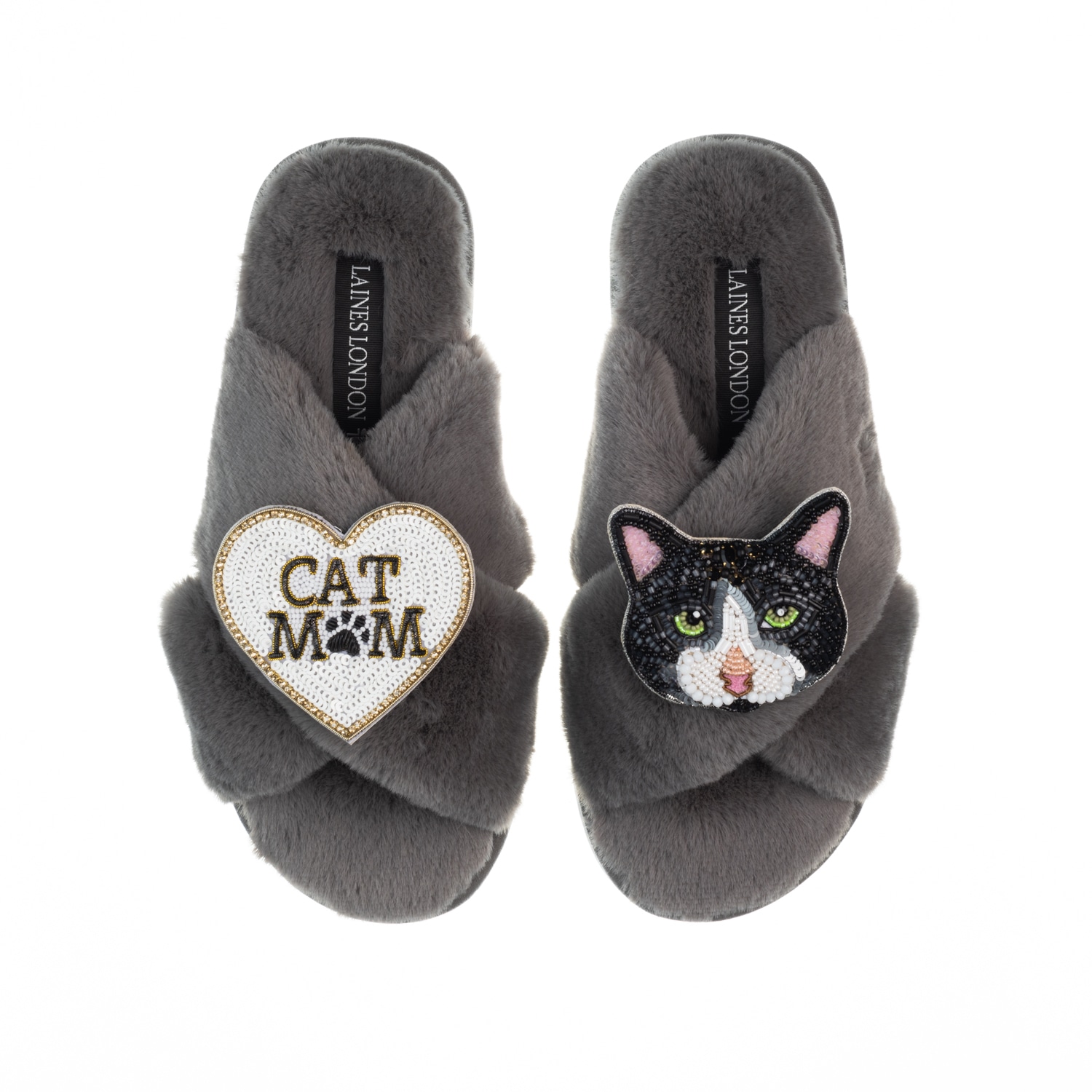 Women’s Classic Laines Slippers With Cat Mum/Mom & Oreo Cat Brooches - Grey Large Laines London