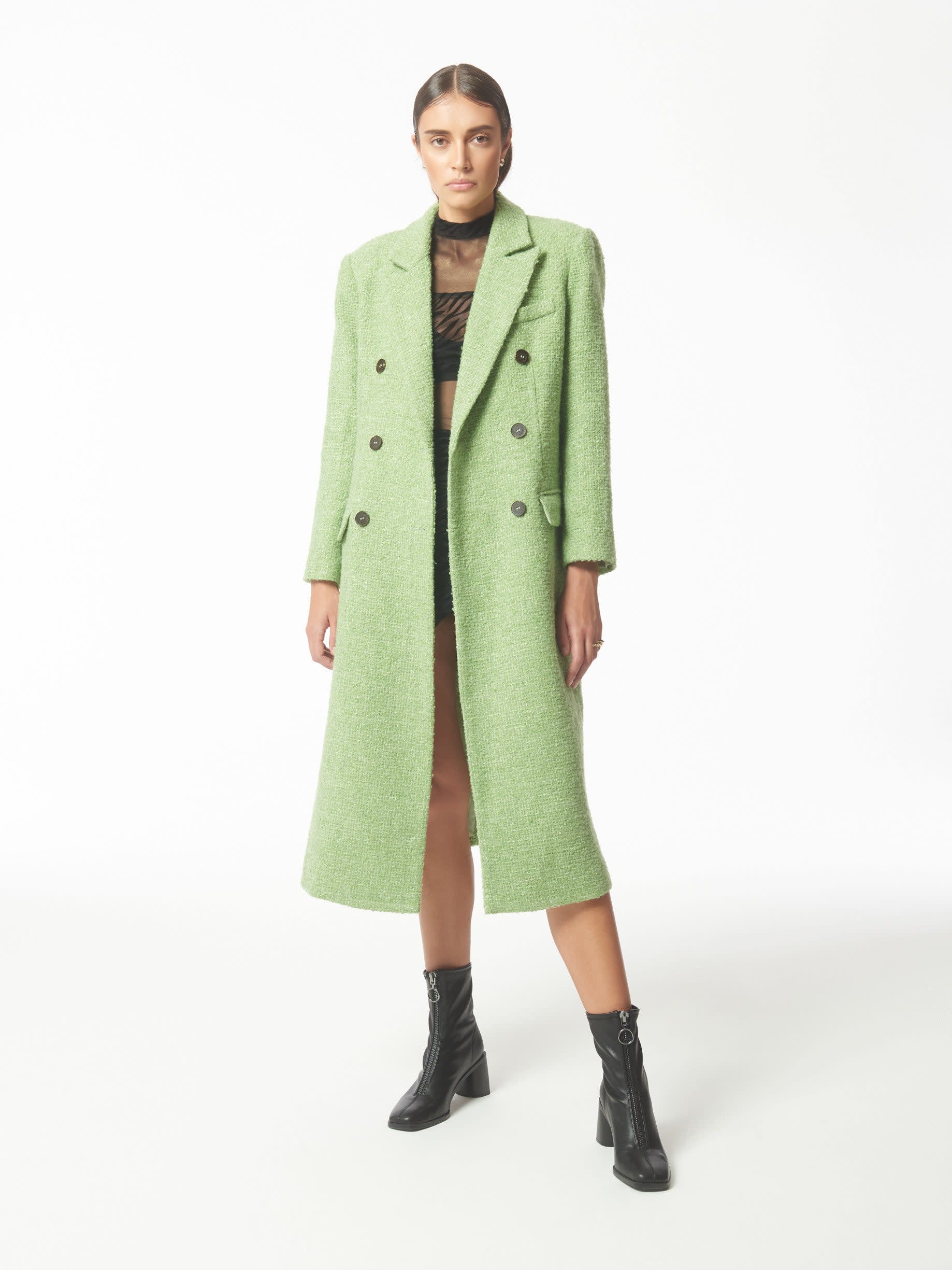 Metallic Thread Peak-Lapels Bouclé Tweed Coat In Pistachio Green