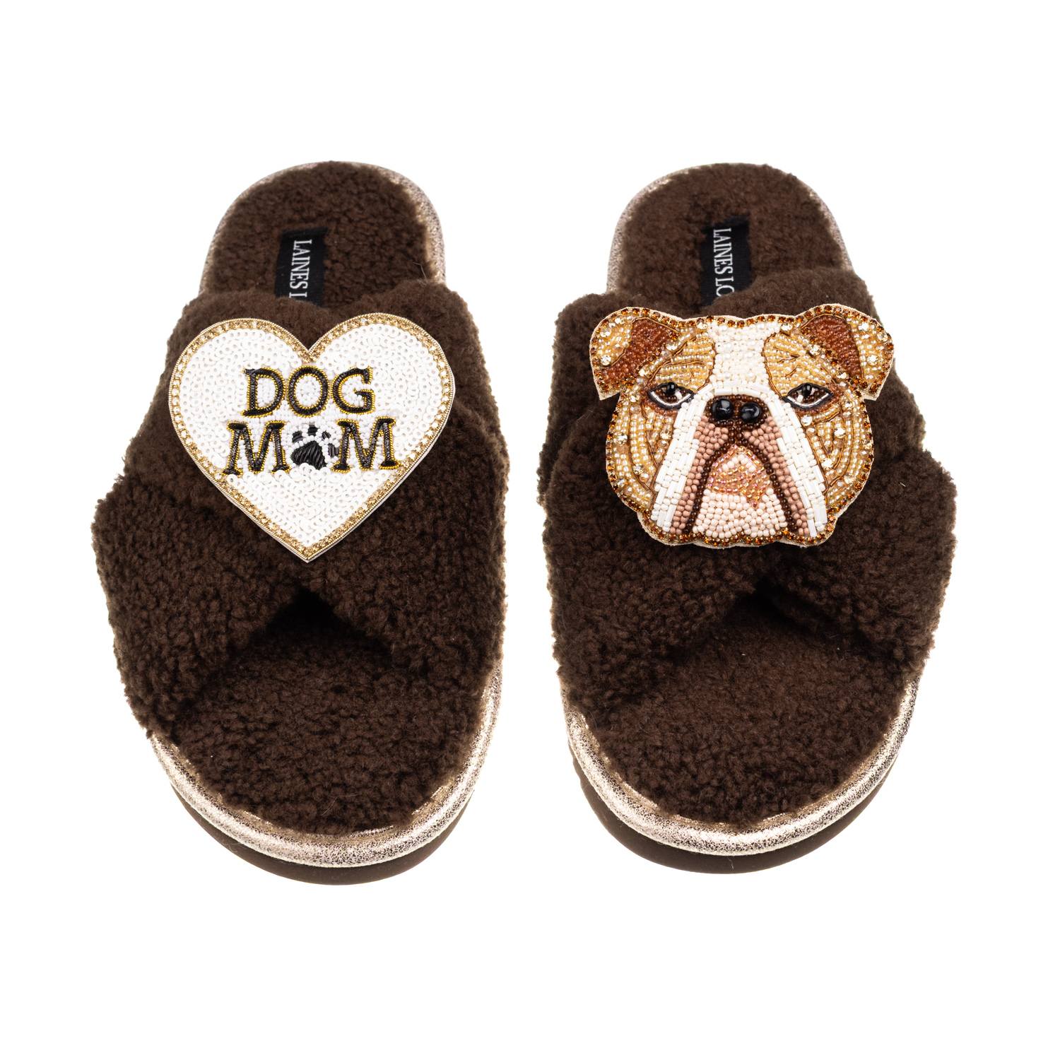 Laines London Women's Brown / Neutrals Laines Neutral Boucle Slippers With Mr Beefy Bulldog & Dog Mum / Mom Brooch