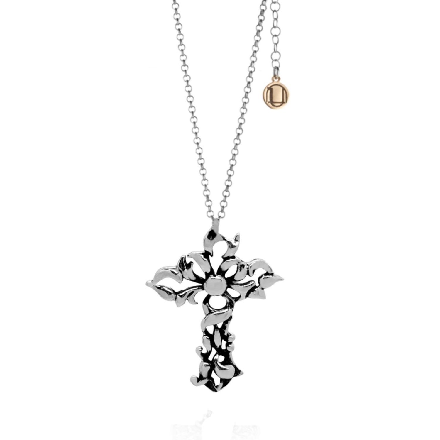 Unaloe Women's Sterling Silver Cross Necklace With Floral Lucia Weave
