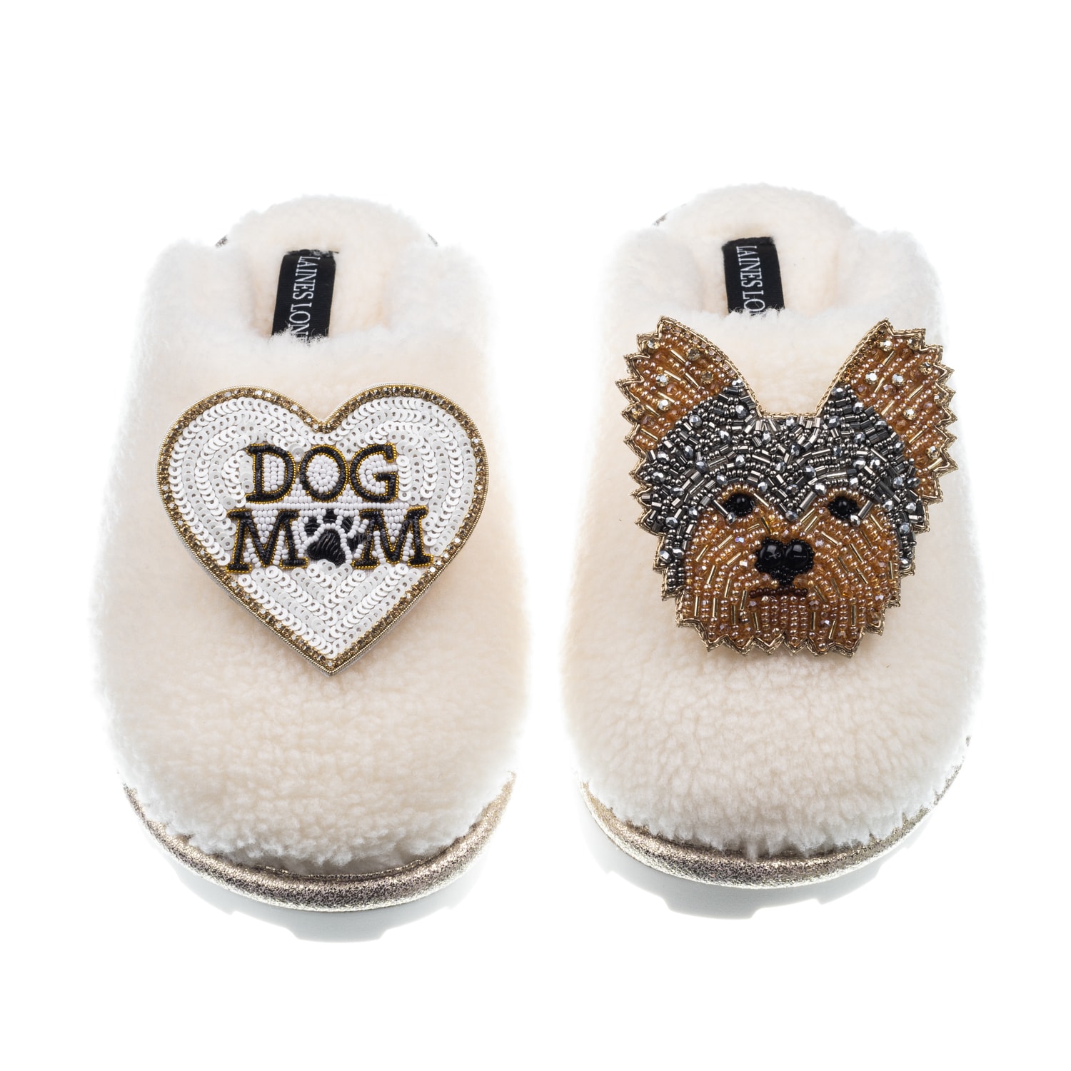 Laines London Women's White Teddy Closed Toe Slippers With Minnie The Yorkie & Dog Mum / Mom Brooches - Cream In White