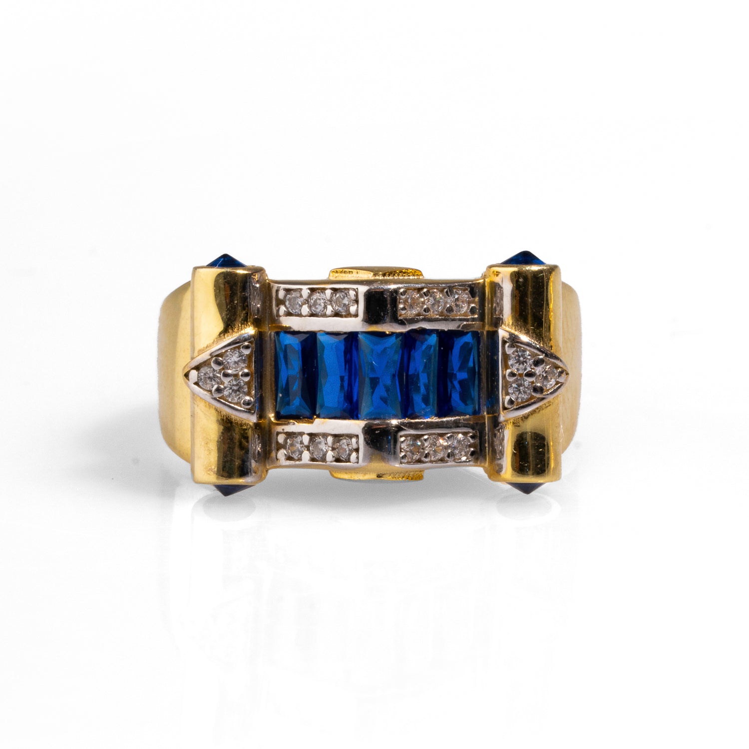 Ebru Jewelry Women's Gold / Blue Stylish Sapphire & Diamond Gold Statement Adjustable Ring - Gold