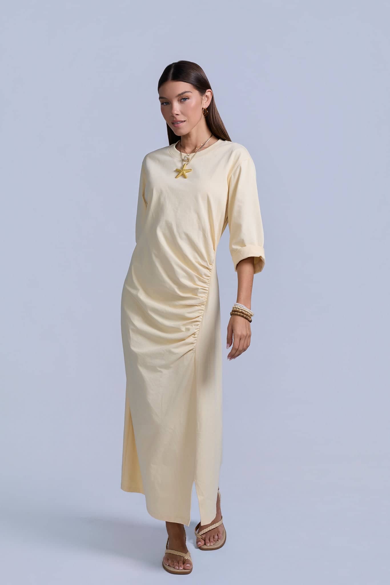 Ruched Cotton T-Shirt Dress - Yellow | RAVE ON TREND | Wolf & Badger