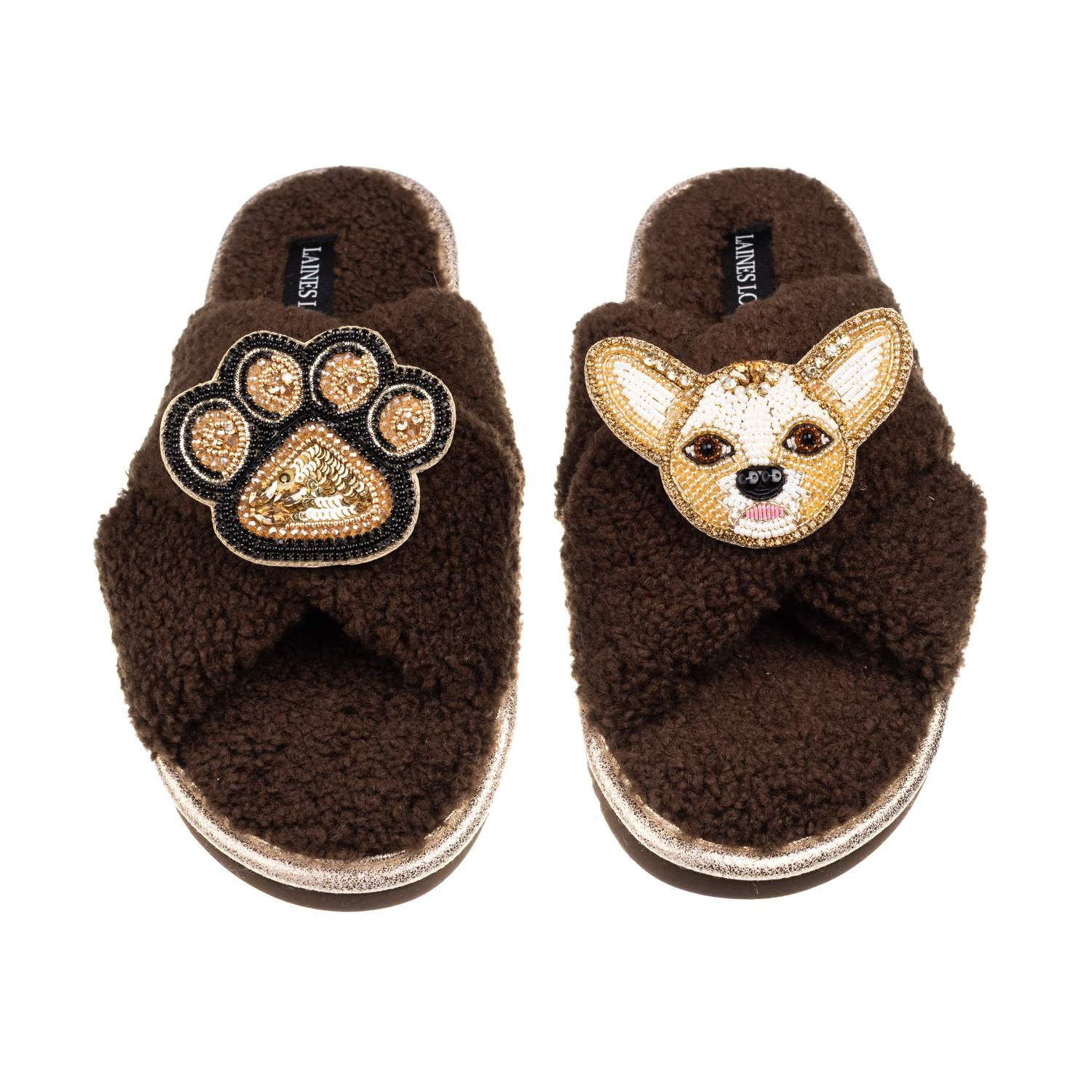 Laines London Women's Brown / Neutrals Laines Neutral Boucle Slippers With Princess Chihuahua & Paw Brooches - Cho