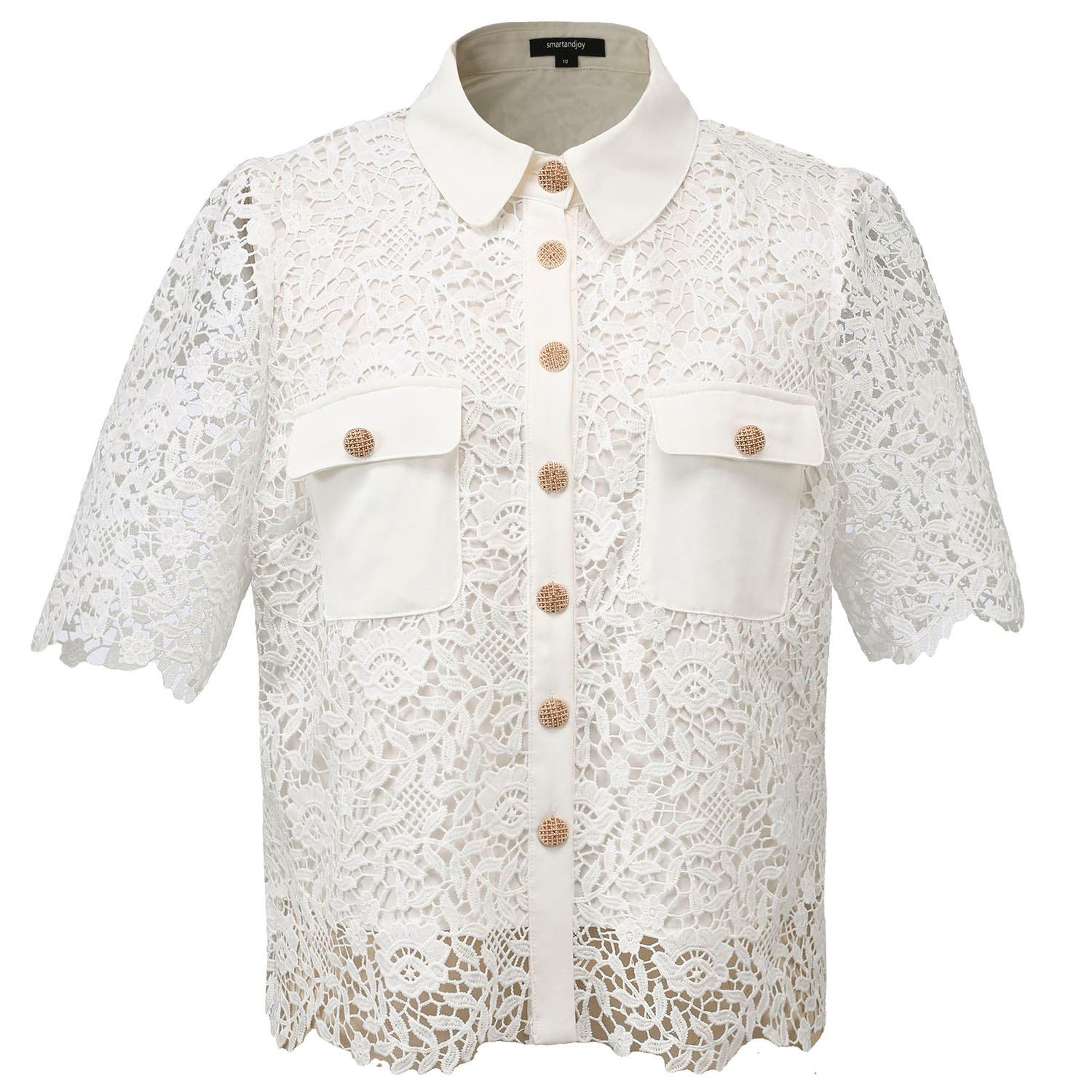 Smart And Joy Women's Lace And Center Buttons Shirt - White In White
