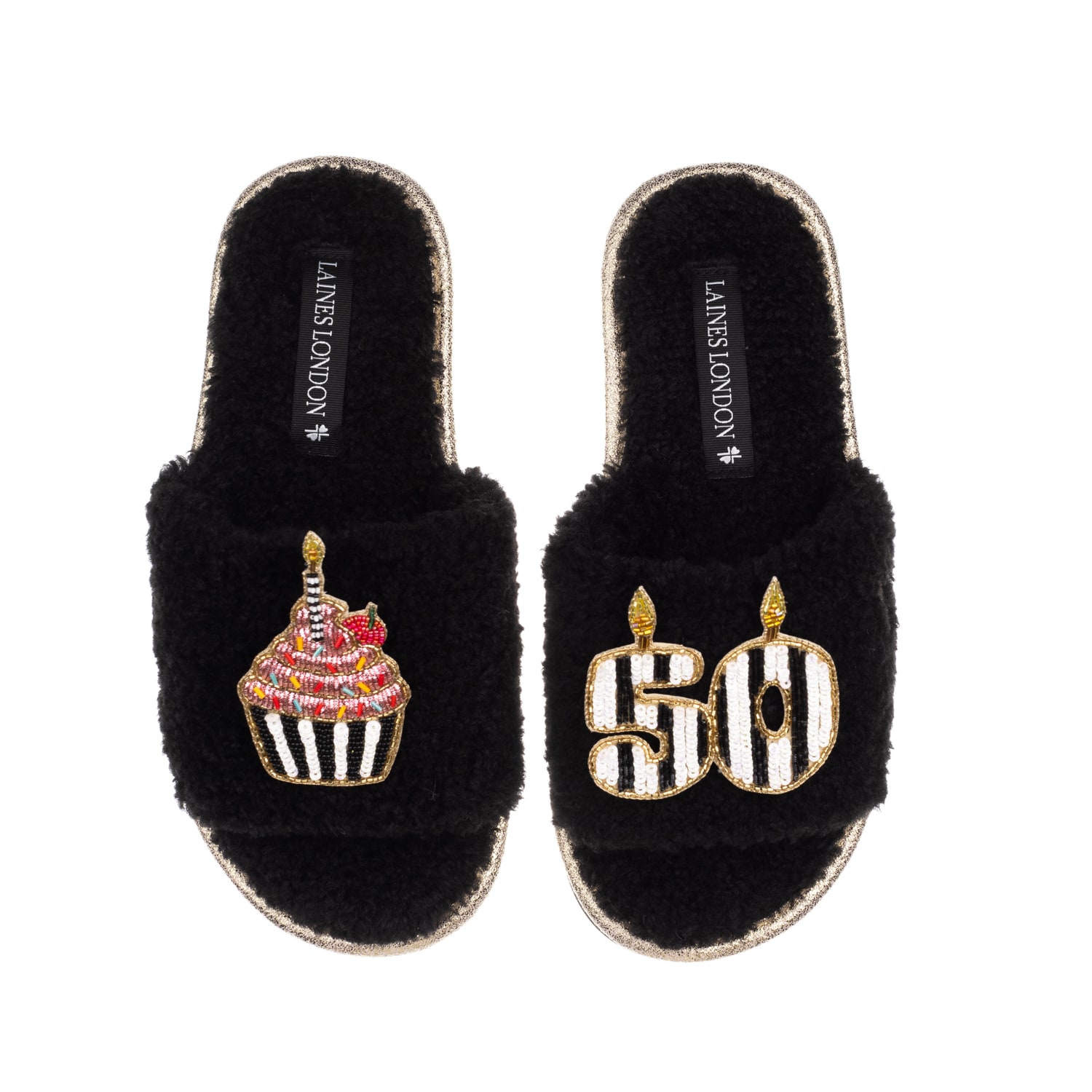 Laines London Women's Teddy Toweling Slipper Slider With Stripe 50th Birthday & Cake Brooches - Black In Black