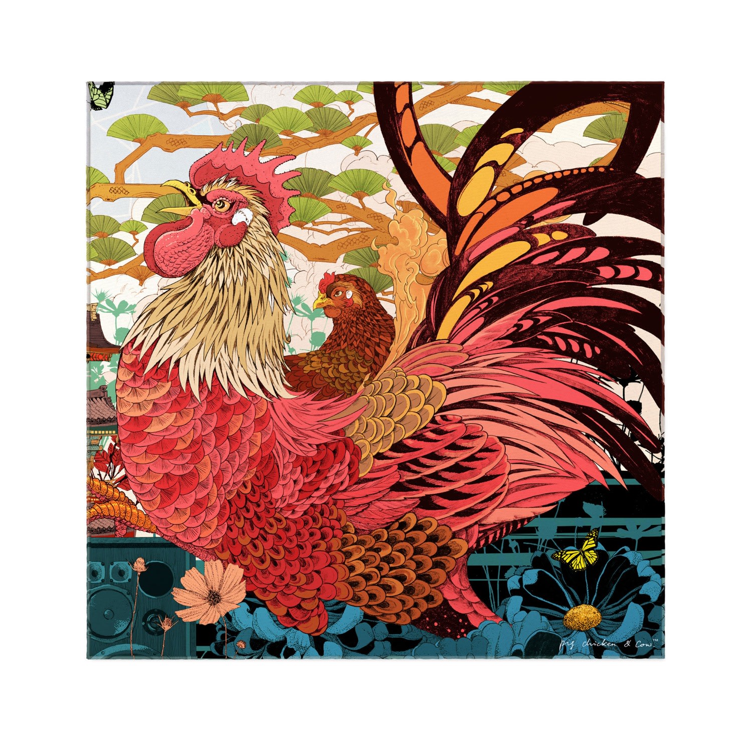 Women’s Kyoto Street Party Pocket Square Rooster Pig, Chicken & Cow