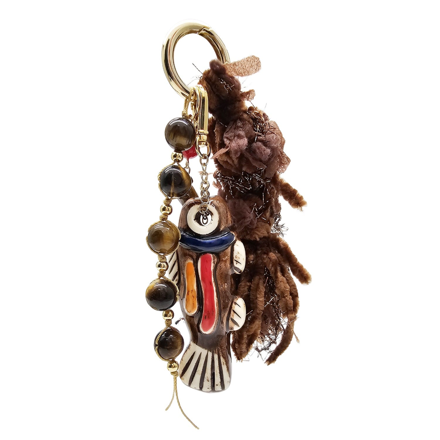 Farra Women's Handcrafted Ceramic Fish With Brown Tiger-eye Stone And Tassel Bag Charm