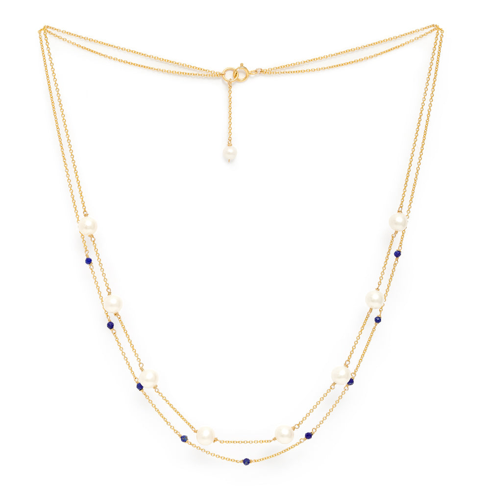 Pearls Of The Orient Online Women's Blue / White / Gold Credo Fine Double Chain Necklace With Cultured Freshwater Pearls & Lapis