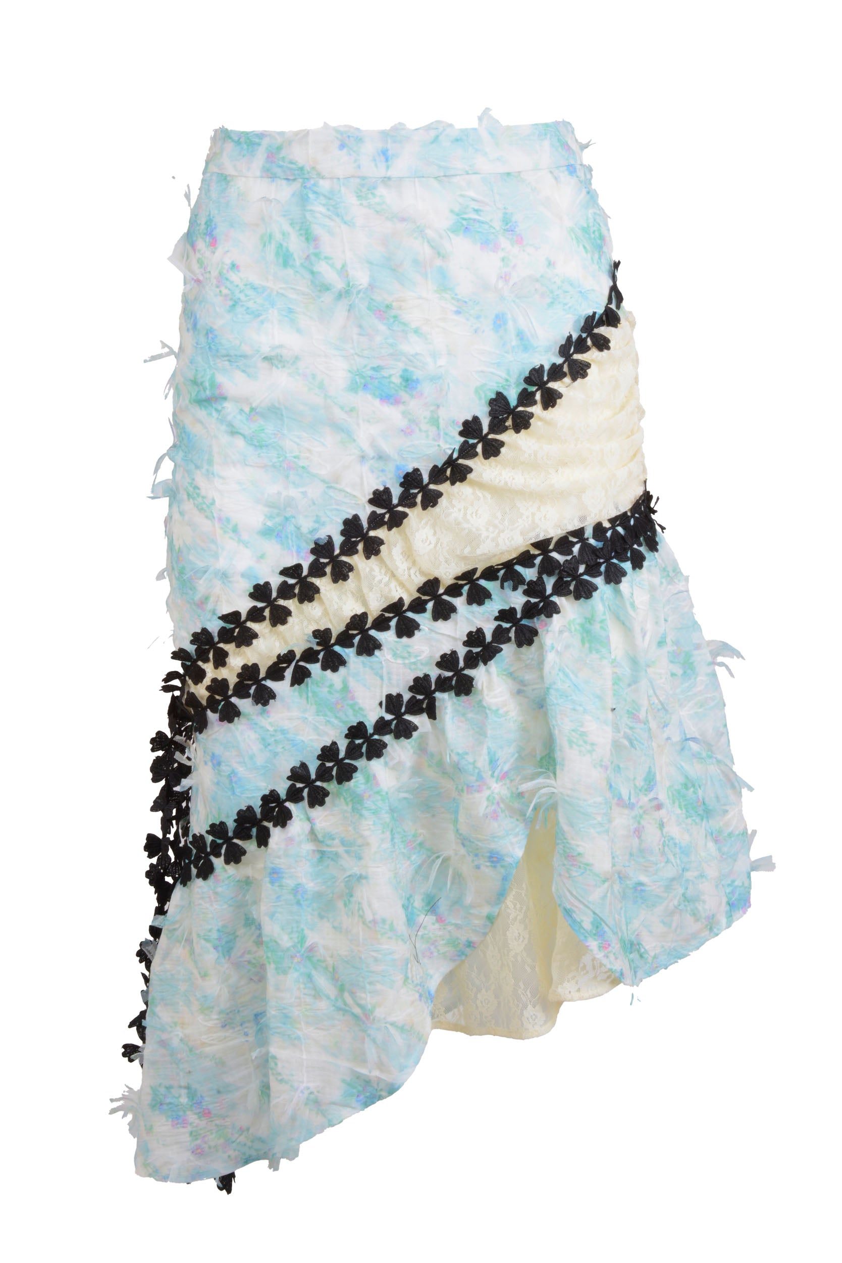 Natalia Petruch Women's Neutrals / White Anabelle Skirt In Abstract Flowers Print With Tulle Bows In White