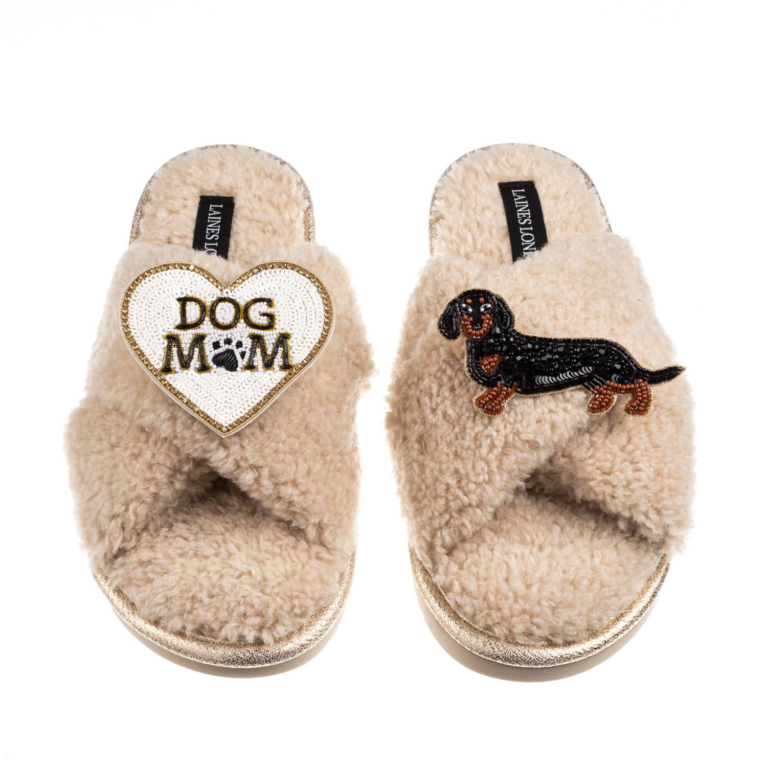 Laines London Women's Brown / Neutrals Boucle Slippers With Dog Mum/mom & Black & Tan Dachshund Brooches - Oatmeal In Brown