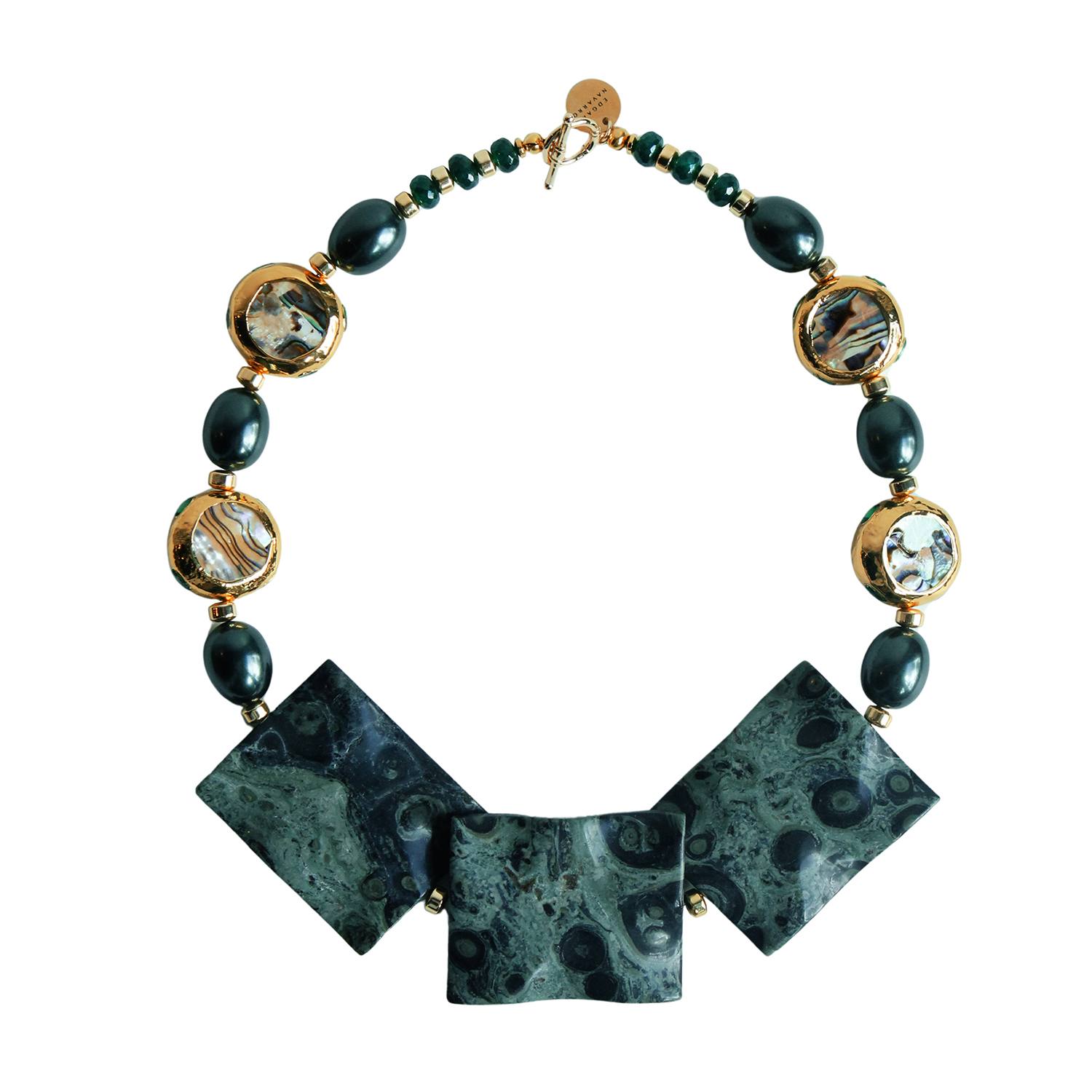 Edgar Navarro Jewelry Women's Gold / Green / Black Kambaba Jasper Necklace With Mother Of Pearl Beads & Pearls In Multi