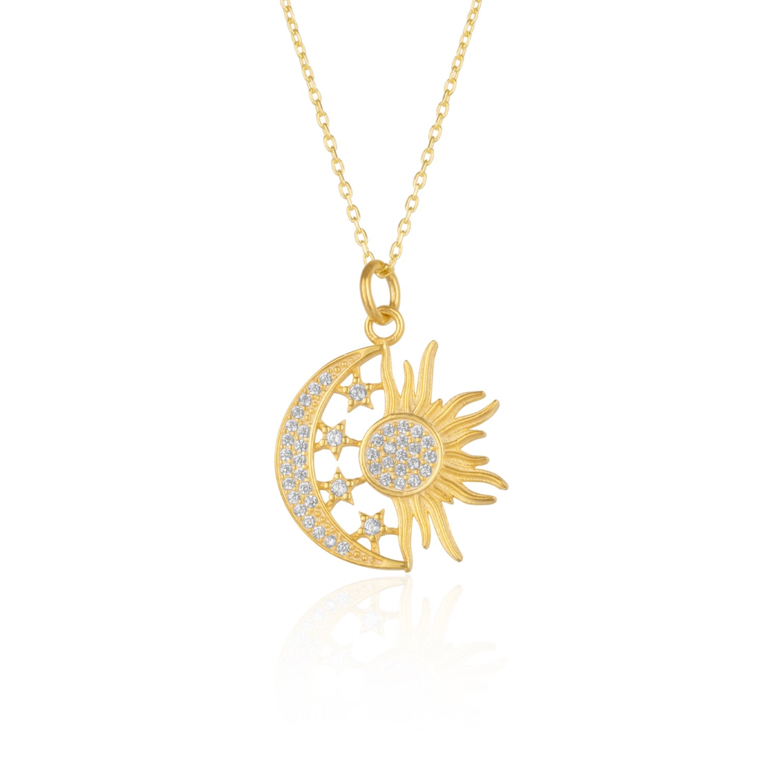 Spero London Women's Sun And Moon Embossed Star Sterling Silver Gold Vermeil Pendant Necklace In Gold