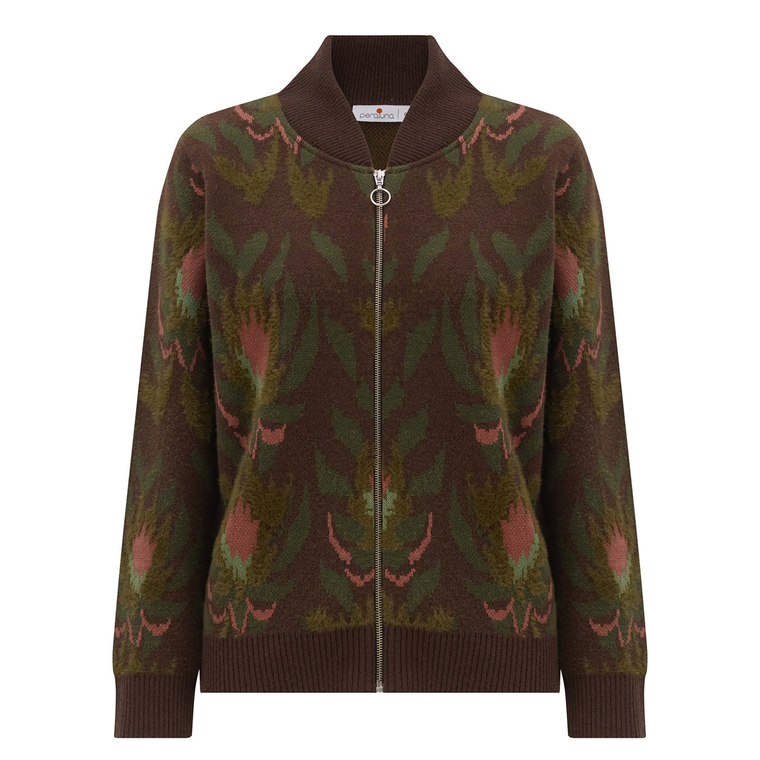 Peraluna Women's Flower Pattern Knit Zipped Organic Cotton Bomber Jacket - Multicolor