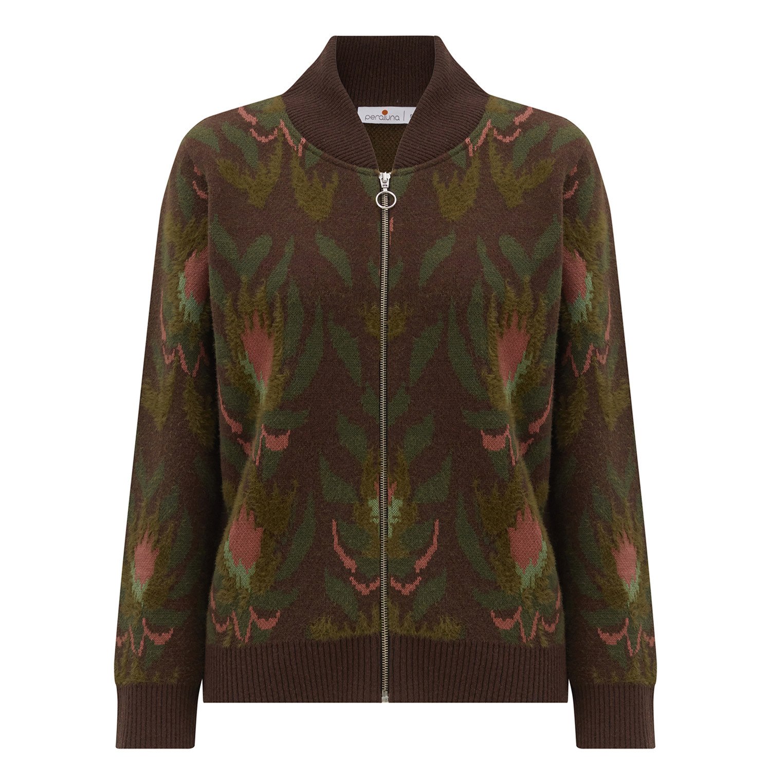 Women’s Flower Pattern Knit Zipped Organic Cotton Bomber Jacket - Multicolor Medium Peraluna