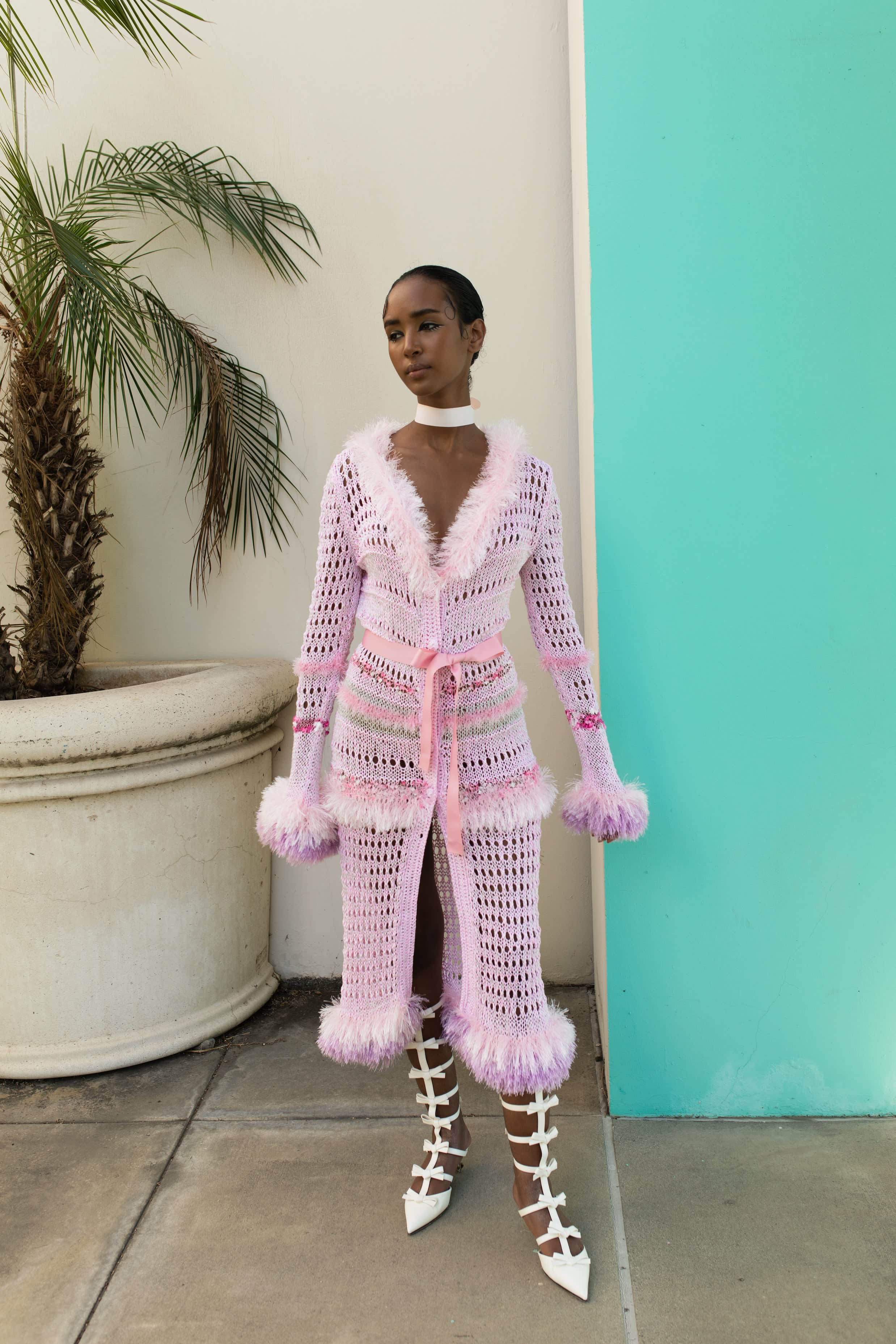 Monroe Pink Handmade Knit Cardigan-Dress With Belt | ANDREEVA