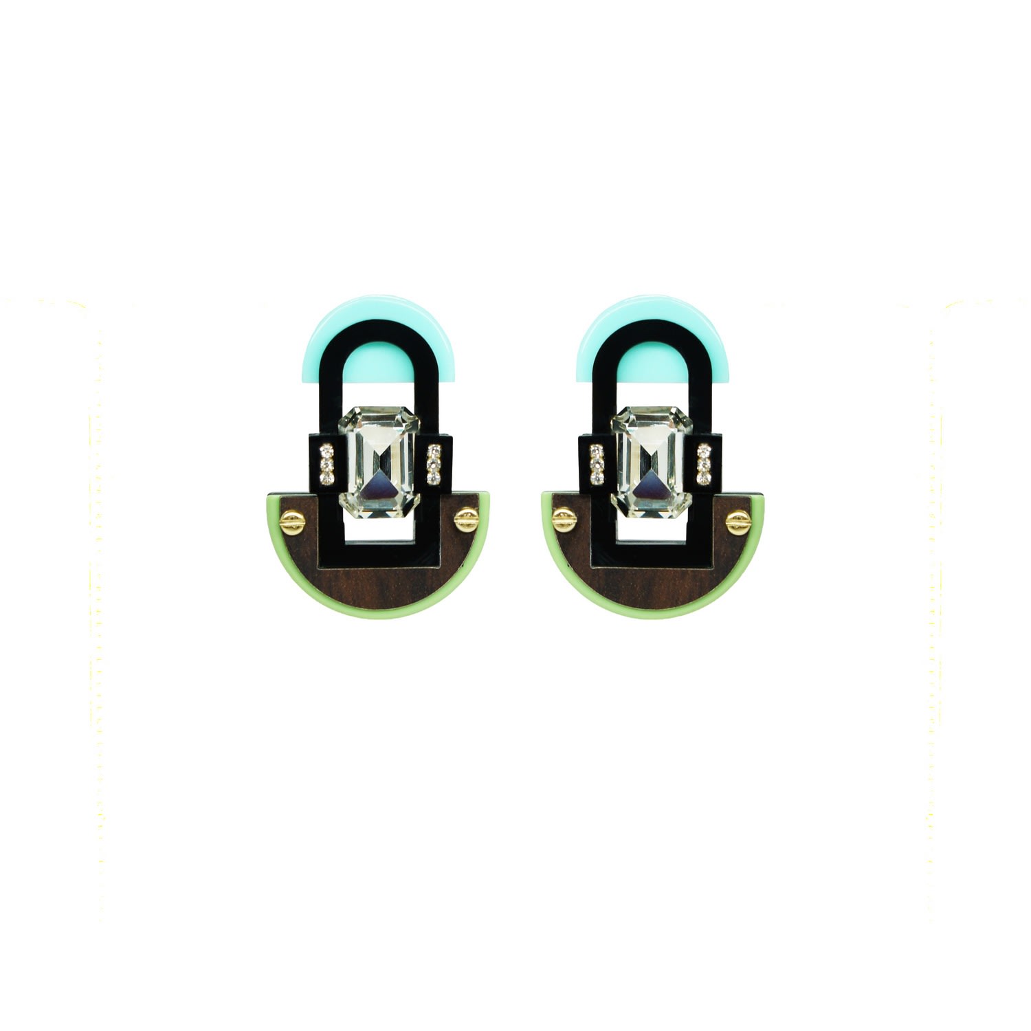 Gissa Bicalho Women's Handmade Acrylic Earring M Deco Mirror Rectangular Stone Green