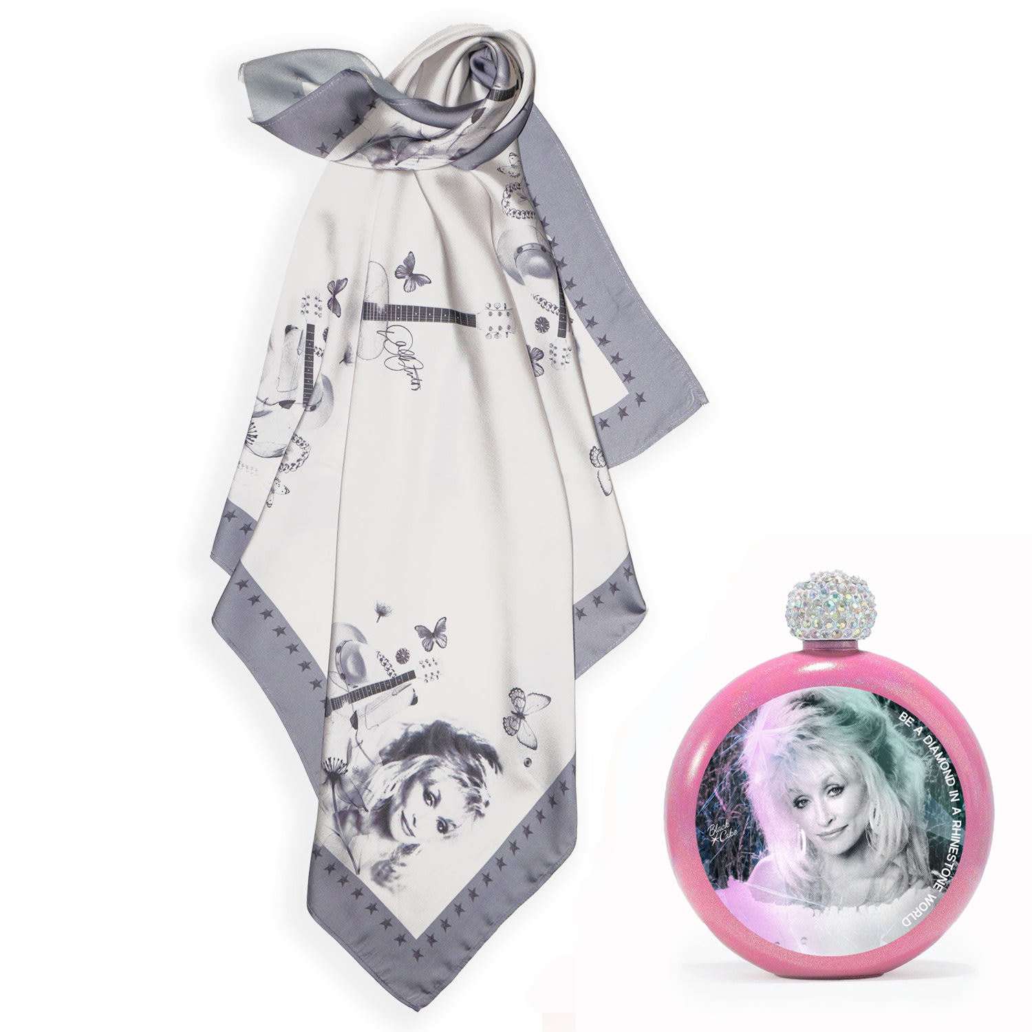 Pink / Purple Limited Edition Festival Dolly Parton Tribute Glitter Pink Spirit Flask And Dolly Love Butterflies Bandana Scarf Black Cake