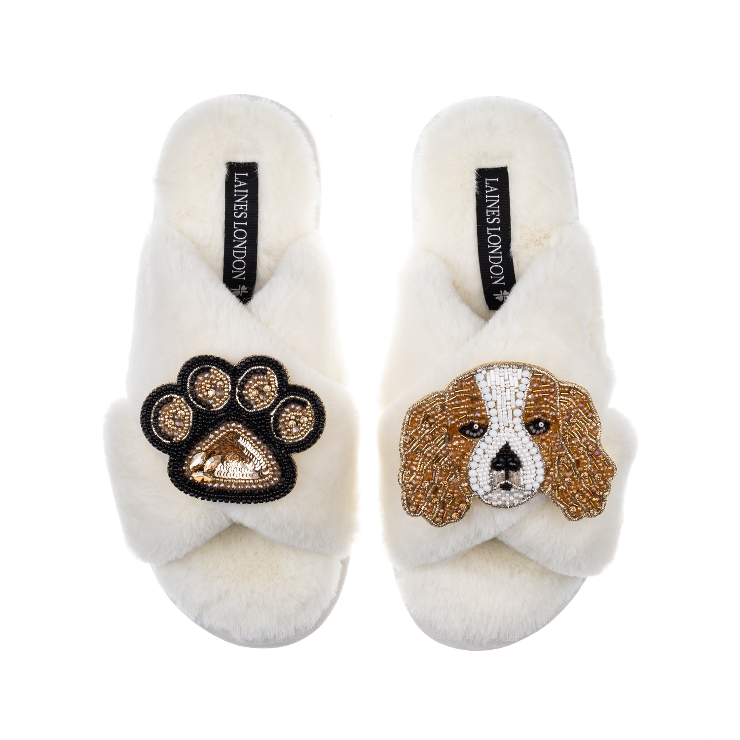 Laines London White Classic Laines Slippers With Lady Spaniel & Paw Brooches - Cream