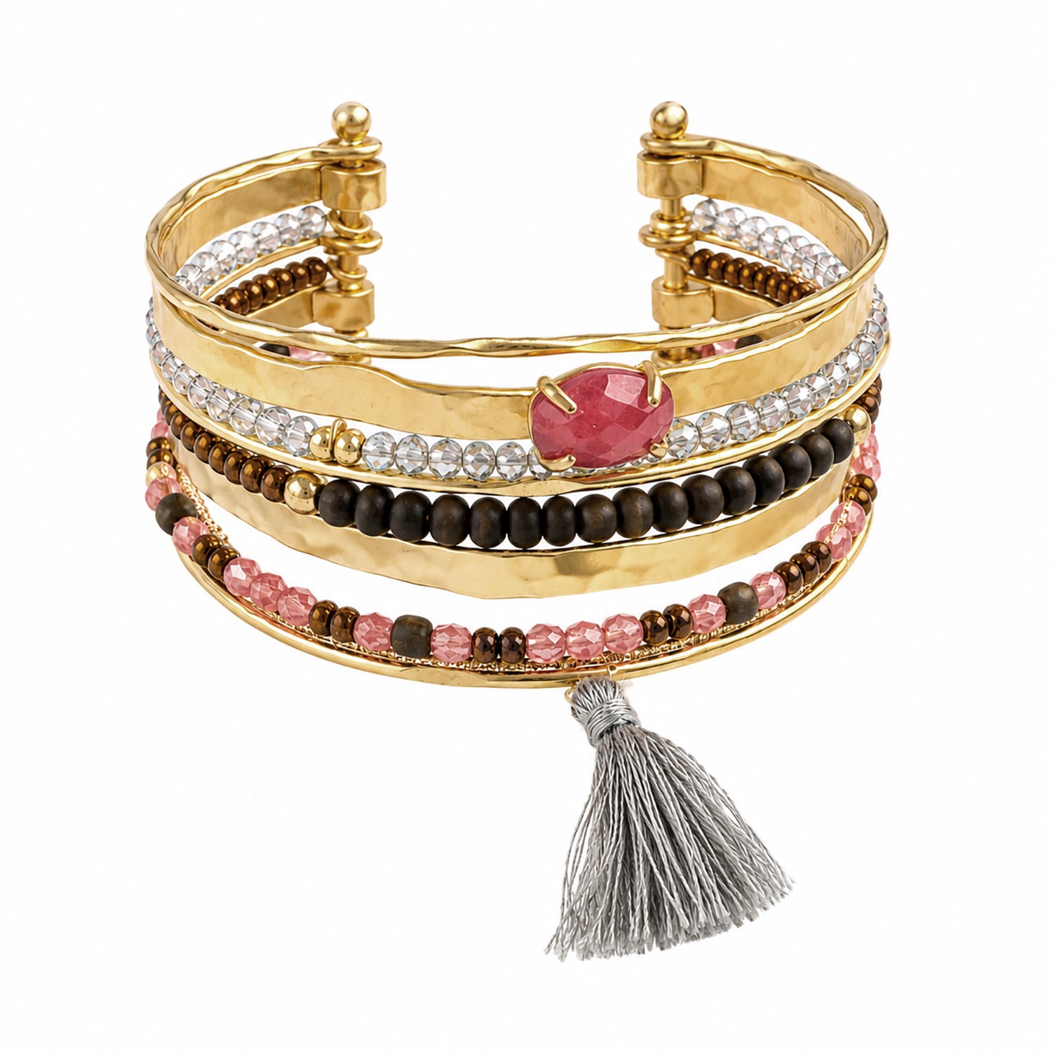 Women's Boho Beaded Hammered Wire Cuff Bracelet With Red Jade & Tassel | Layered Statement Bangle | Rare Matters Jewelry