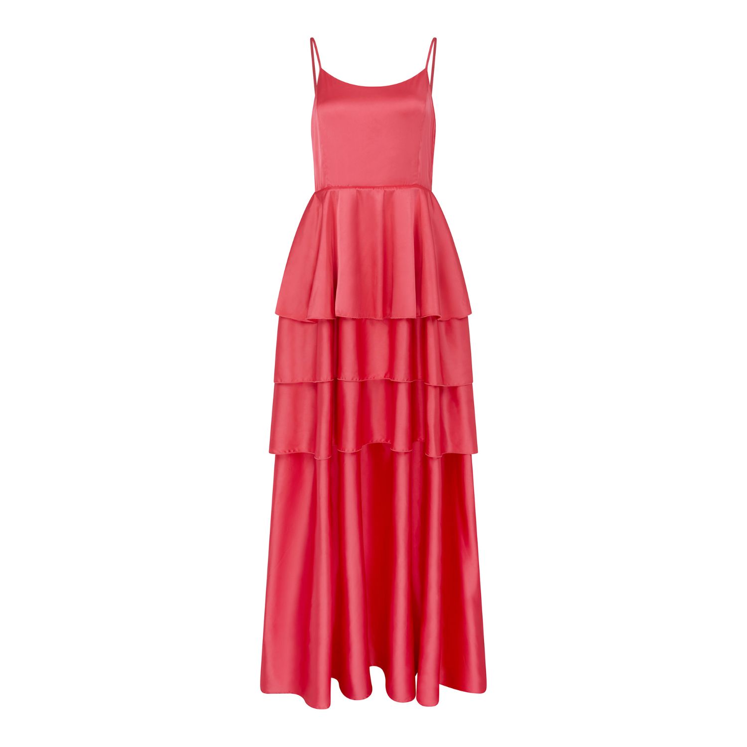 Sour Figs Women's Pink / Purple Tiered Ruffled Satin Maxi Dress In Coral Pink In Pink/purple