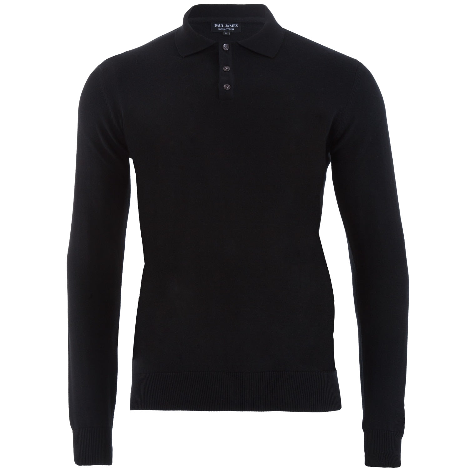 Paul James Knitwear Mens Cotton Hall Long Sleeve Knitted Polo Shirt - Black In Black