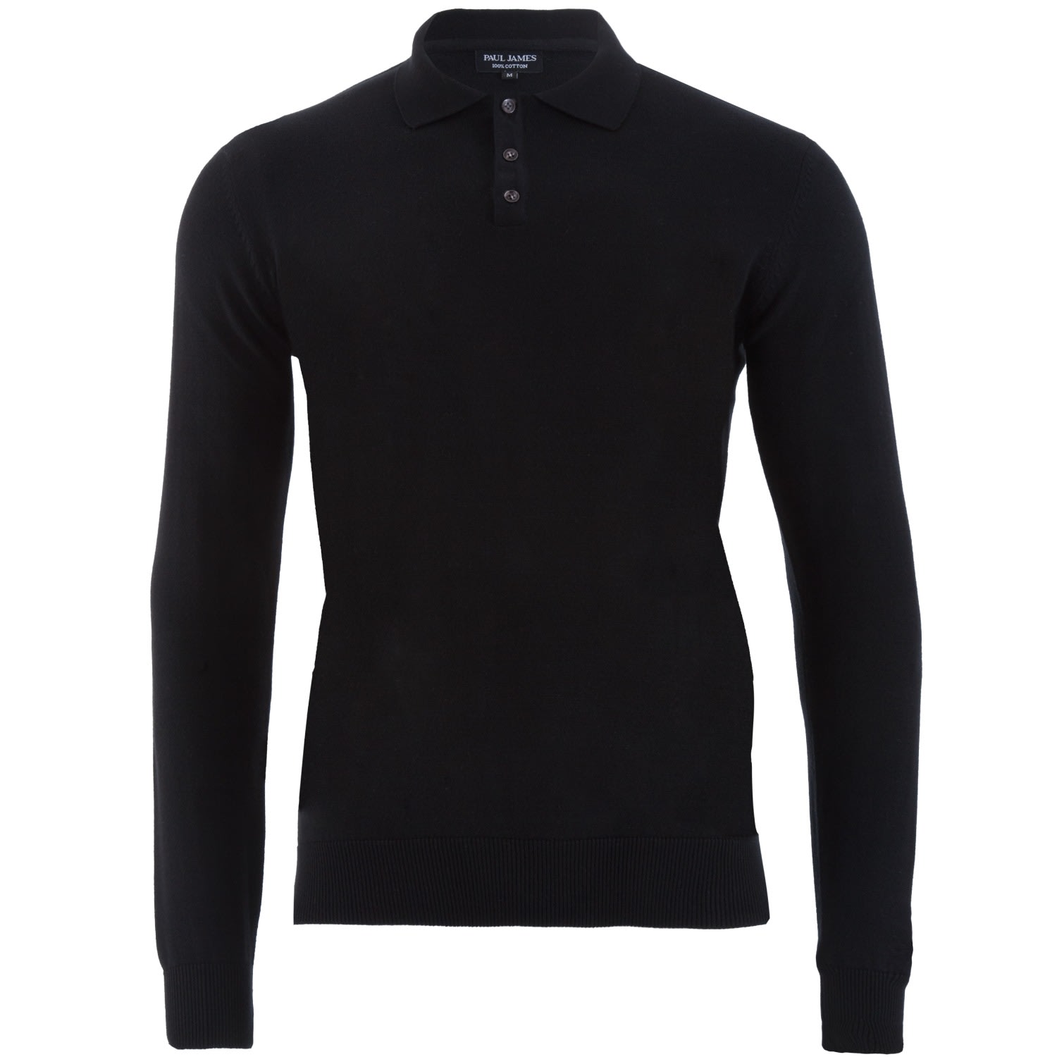 Mens Cotton Hall Long Sleeve Knitted Polo Shirt - Black Small Paul James Knitwear