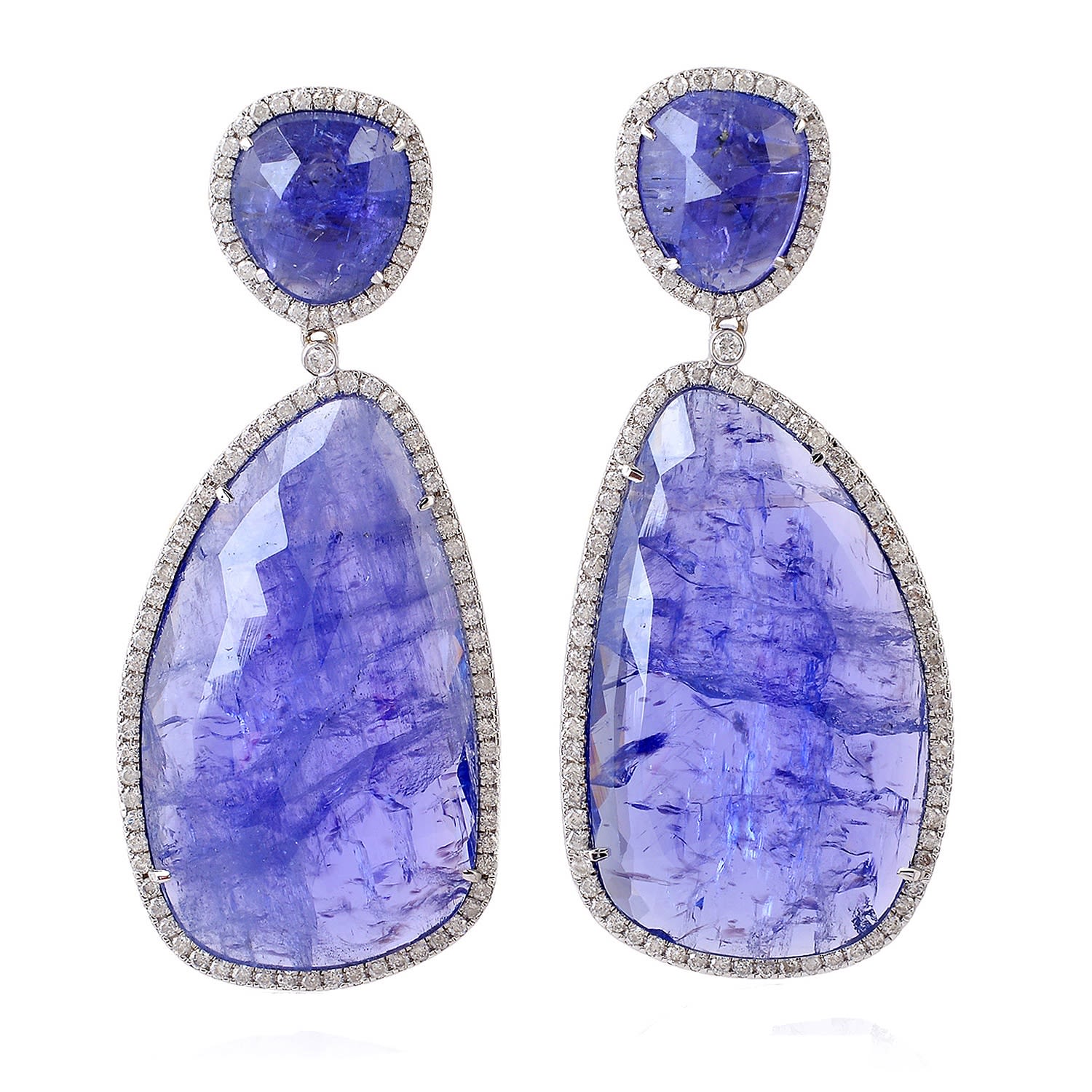 Women’s Blue / White Natural Diamond 18K White Gold Tanzanite Gemstone Dangle Earrings Artisan