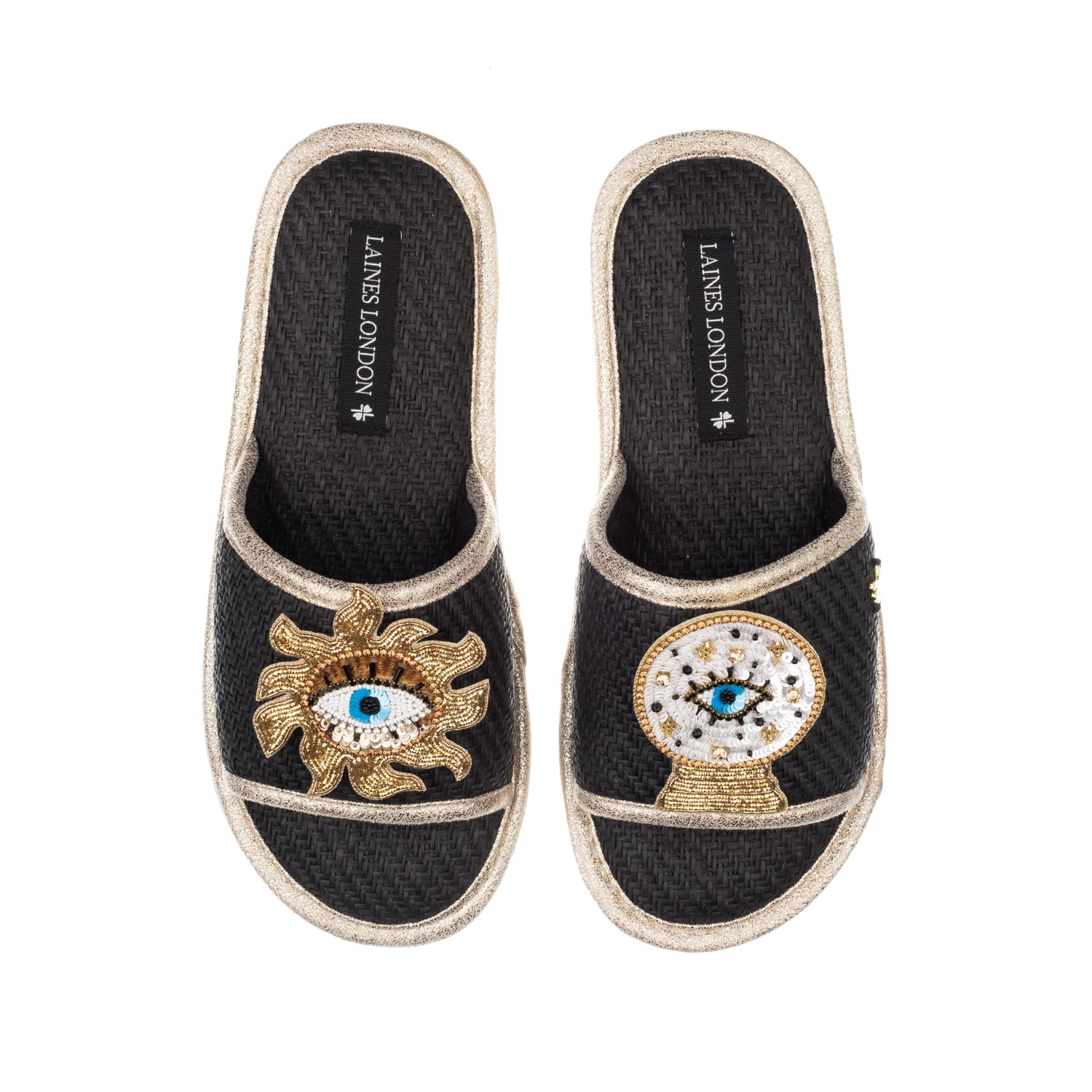 Women’s Straw Braided Sandals With Handmade Mystic Eye Brooches - Black Small Laines London