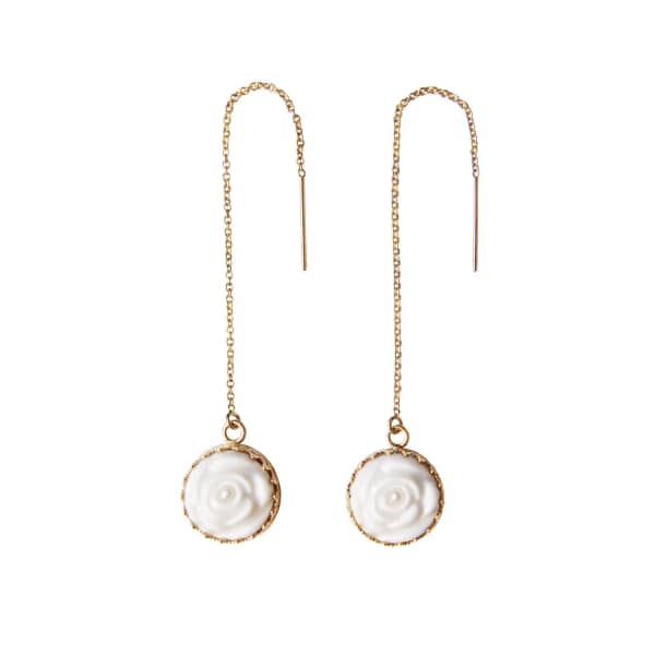 Poporcelain Porcelain Rose With Pearl Gold Filled Chain Earrings In Chain