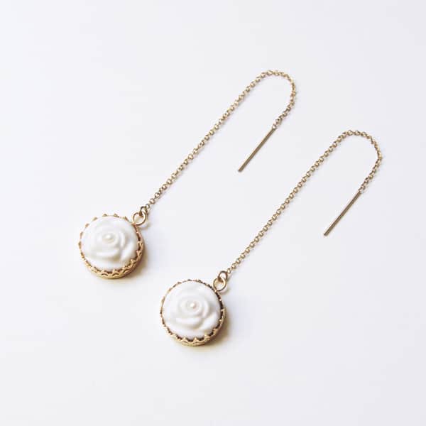 Poporcelain Porcelain Rose With Pearl Gold Filled Chain Earrings In Chain