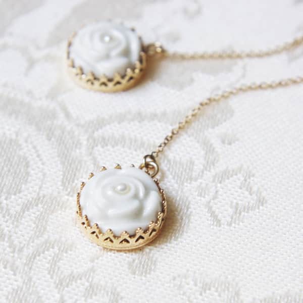 Poporcelain Porcelain Rose With Pearl Gold Filled Chain Earrings In Chain